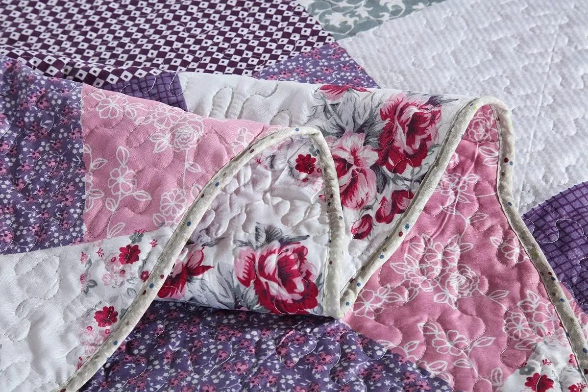 Travan Bedspread Quilt Set 3-Piece Lightweight Coverlet Set with Shams Reversible Quilted Bedding Set for All Season, Purple Floral, King Size