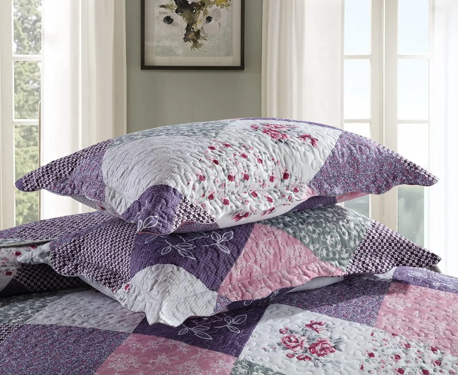 Travan Bedspread Quilt Set 3-Piece Lightweight Coverlet Set with Shams Reversible Quilted Bedding Set for All Season, Purple Floral, King Size