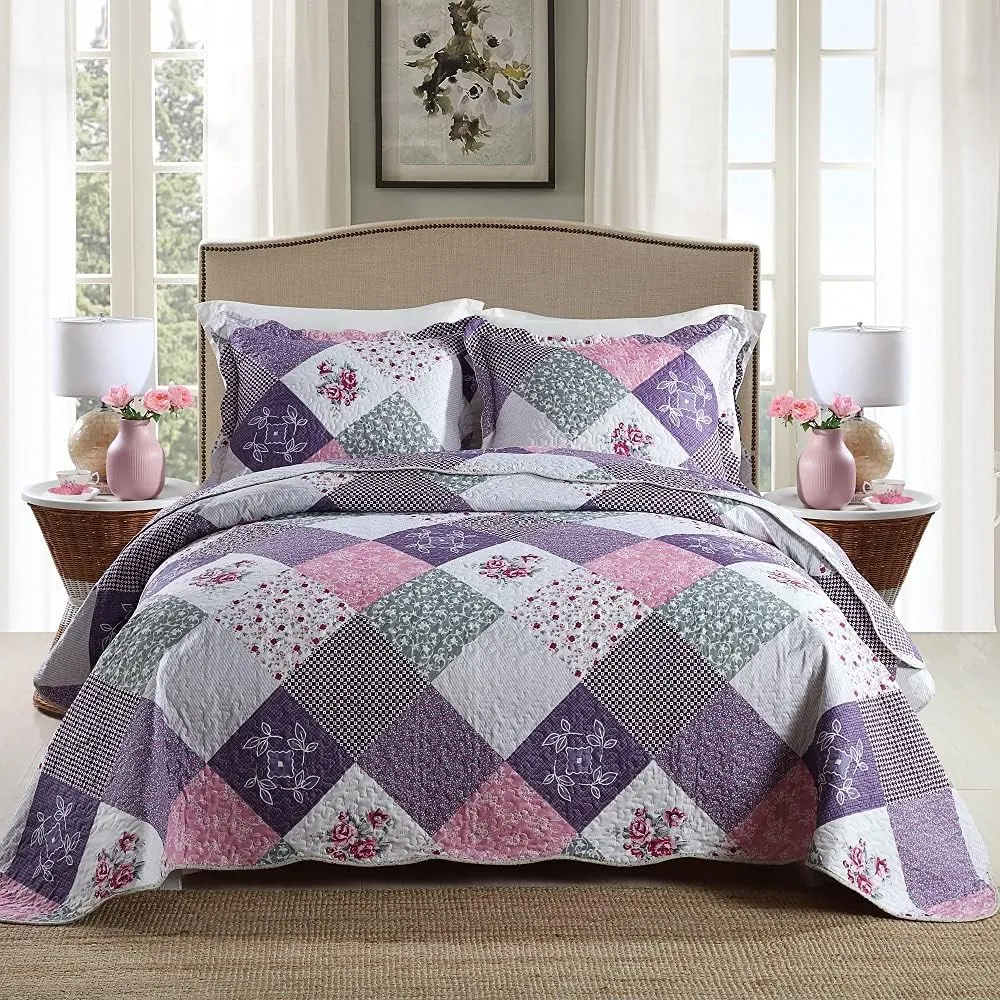 Travan Bedspread Quilt Set 3-Piece Lightweight Coverlet Set with Shams Reversible Quilted Bedding Set for All Season, Purple Floral, King Size