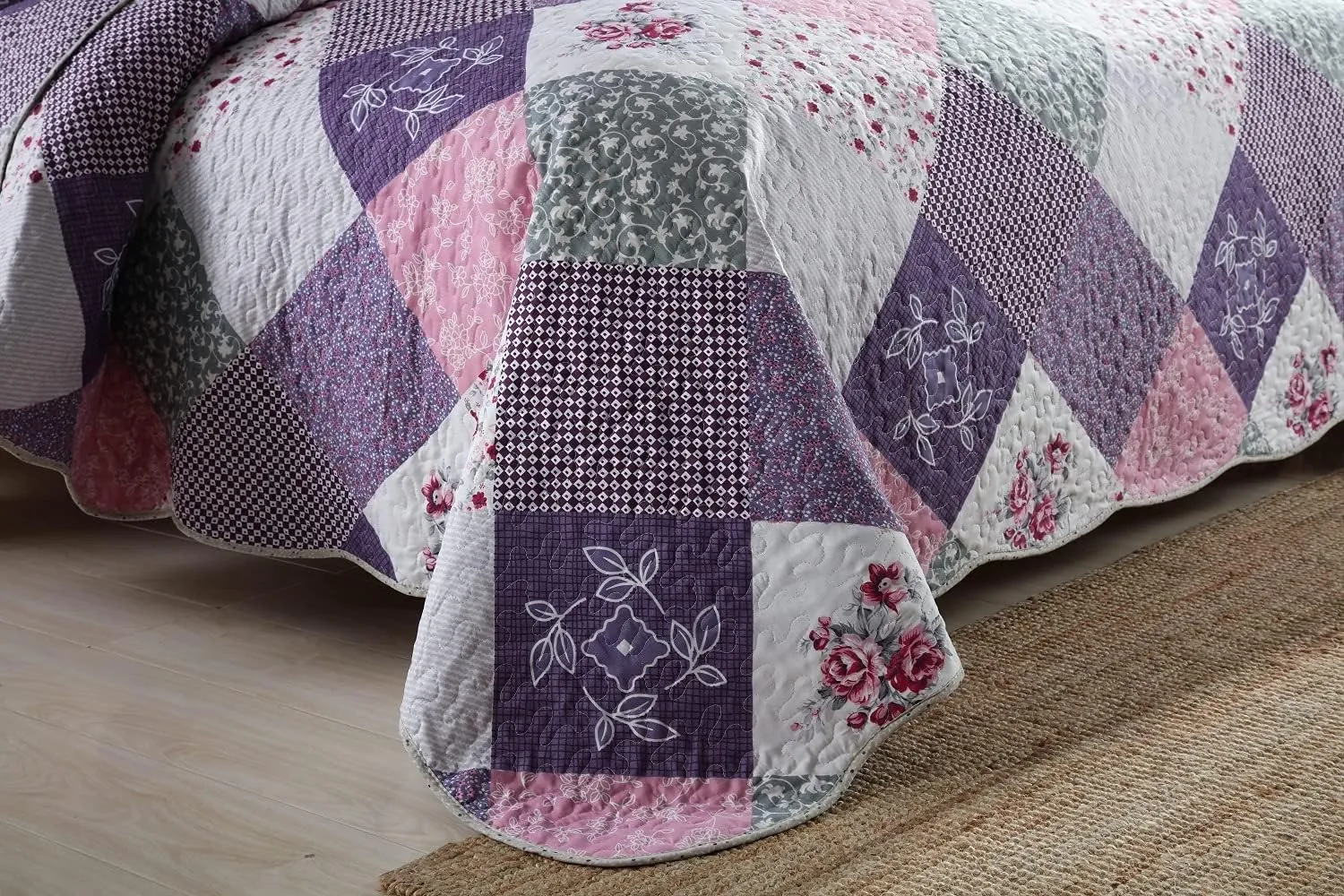 Travan Bedspread Quilt Set 3-Piece Lightweight Coverlet Set with Shams Reversible Quilted Bedding Set for All Season, Purple Floral, King Size