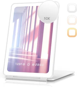 Travel Makeup Mirror with 10X Magnifying Mirror, Time & Temperature Display, 2000mAh Rechargeable Battery, 7.5" Portable Foldable Lighted Mirror, Travel Essentials for Women