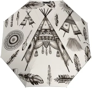 Tri-fold Automatic Umbrella, Feather Head Band Teepee Tent Rainproof And Windproof Umbrella, Portable Automatic Compact Travel Umbrella