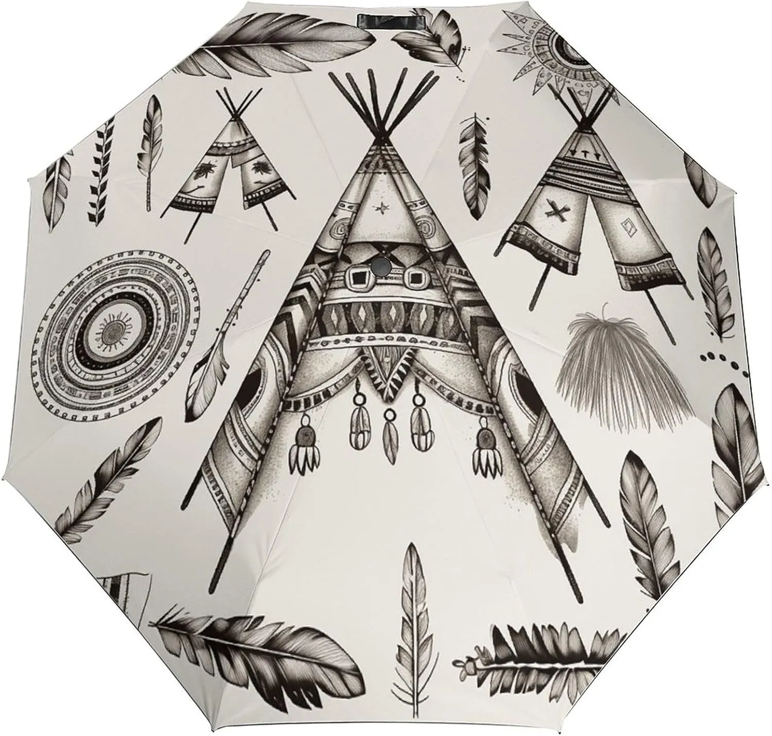 Tri-fold Automatic Umbrella, Feather Head Band Teepee Tent Rainproof And Windproof Umbrella, Portable Automatic Compact Travel Umbrella