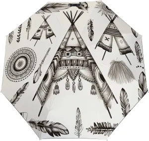 Tri-fold Manual Umbrella,Feather Head Band Teepee Tent Print Rainproof And Windproof Umbrella, Portable Compact Travel Umbrella with Cover Bag