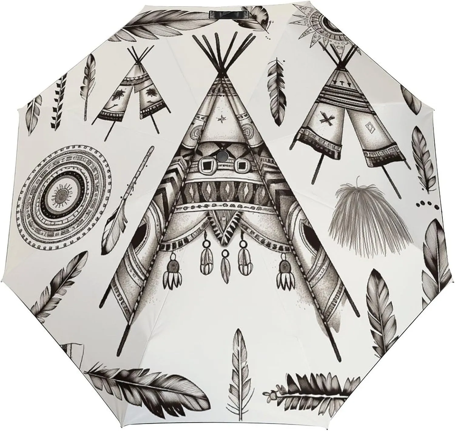 Tri-fold Manual Umbrella,Feather Head Band Teepee Tent Print Rainproof And Windproof Umbrella, Portable Compact Travel Umbrella with Cover Bag