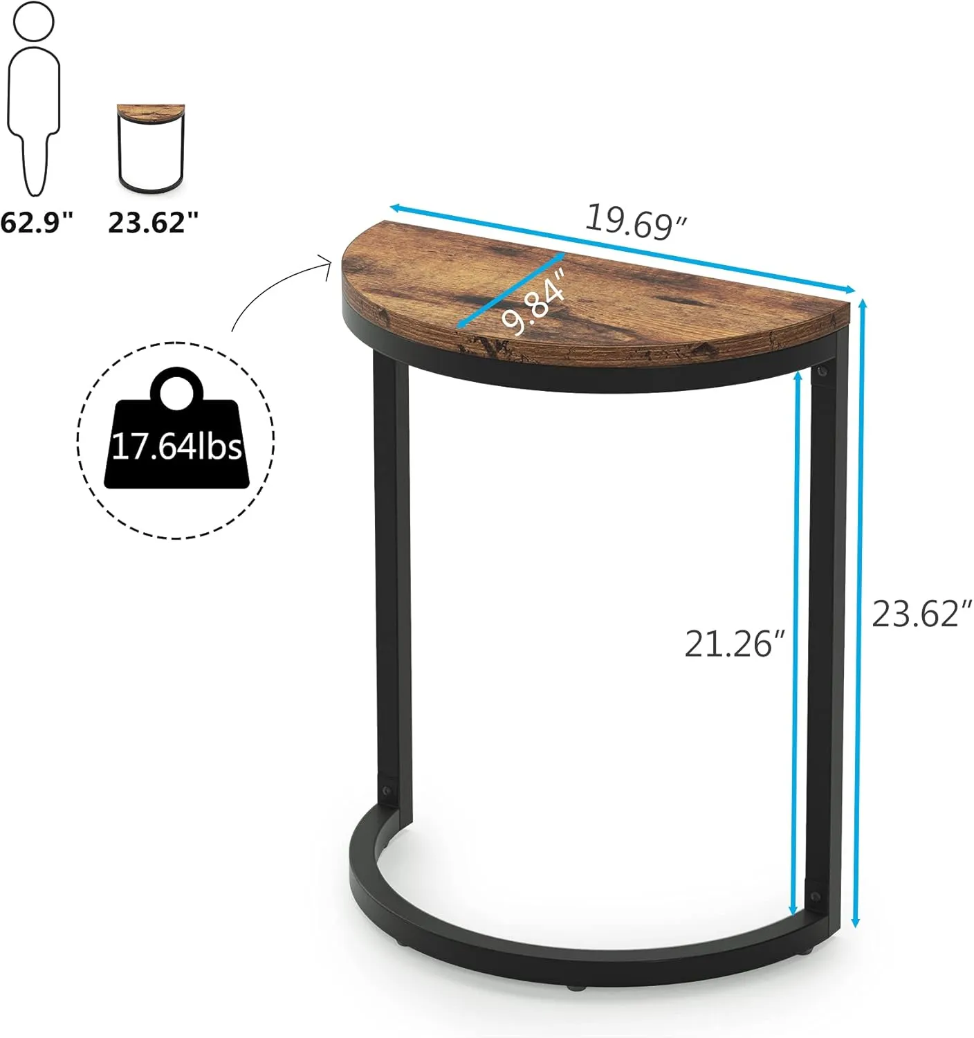 Tribesigns End Table Semi Circle, Small Half Round Side Table with Metal Frame, Wood Accent Table Slim C Table for Sofa Couch Living Room, Easy Assembly, 19.69" L x 9.84" W x 23.62" H
