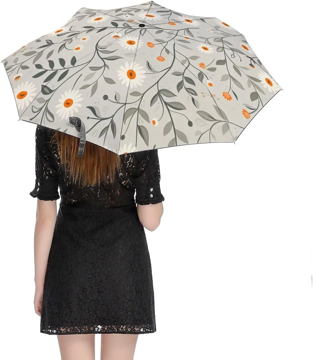 Umbrella Hand Drawn Brown Flowers Compact Travel Umbrella Modern Minimalist Floral Windproof Automatic Travel Umbrella One Touch Auto Open And Close Button Travel Folding Sports Umbrella