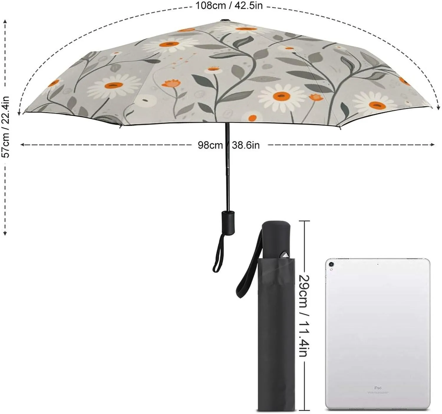 Umbrella Hand Drawn Brown Flowers Compact Travel Umbrella Modern Minimalist Floral Windproof Automatic Travel Umbrella One Touch Auto Open And Close Button Travel Folding Sports Umbrella