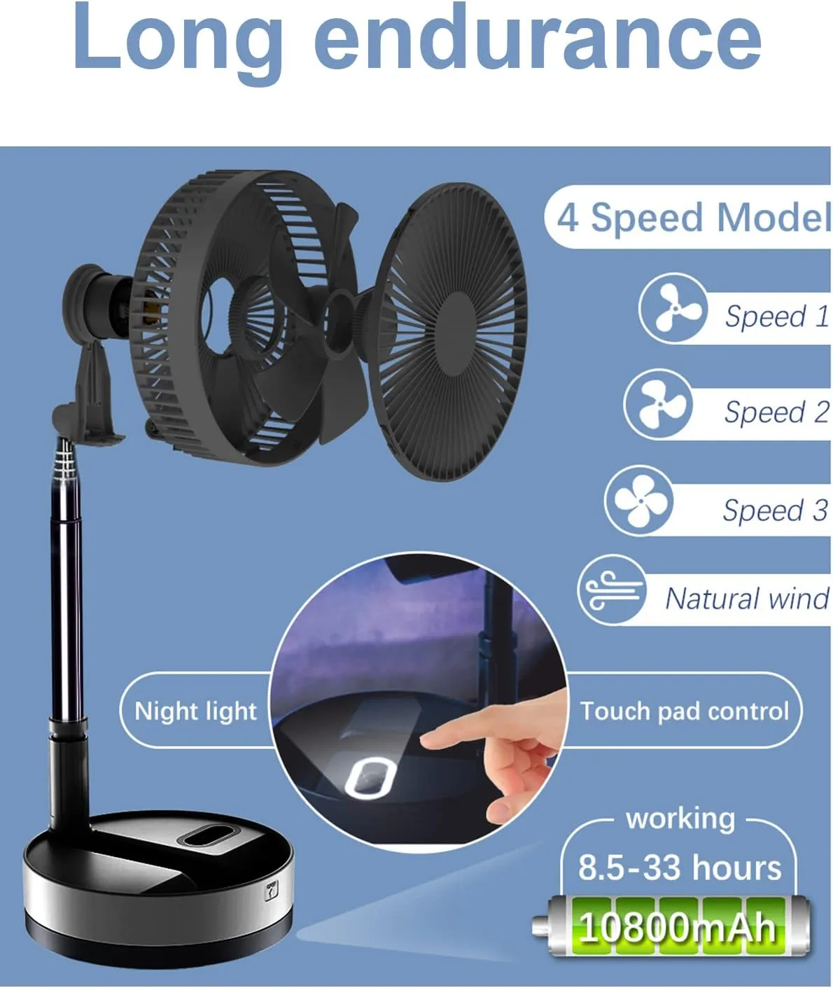 UN UNITEDTIME Foldable Fan Foldaway Oscillating with Remote Control, 10800mAh Battery Operated Fans, Portable for Outdoor, Courtyard, Beach,Travel, Room,4 Speeds, with Timer night light (Black)