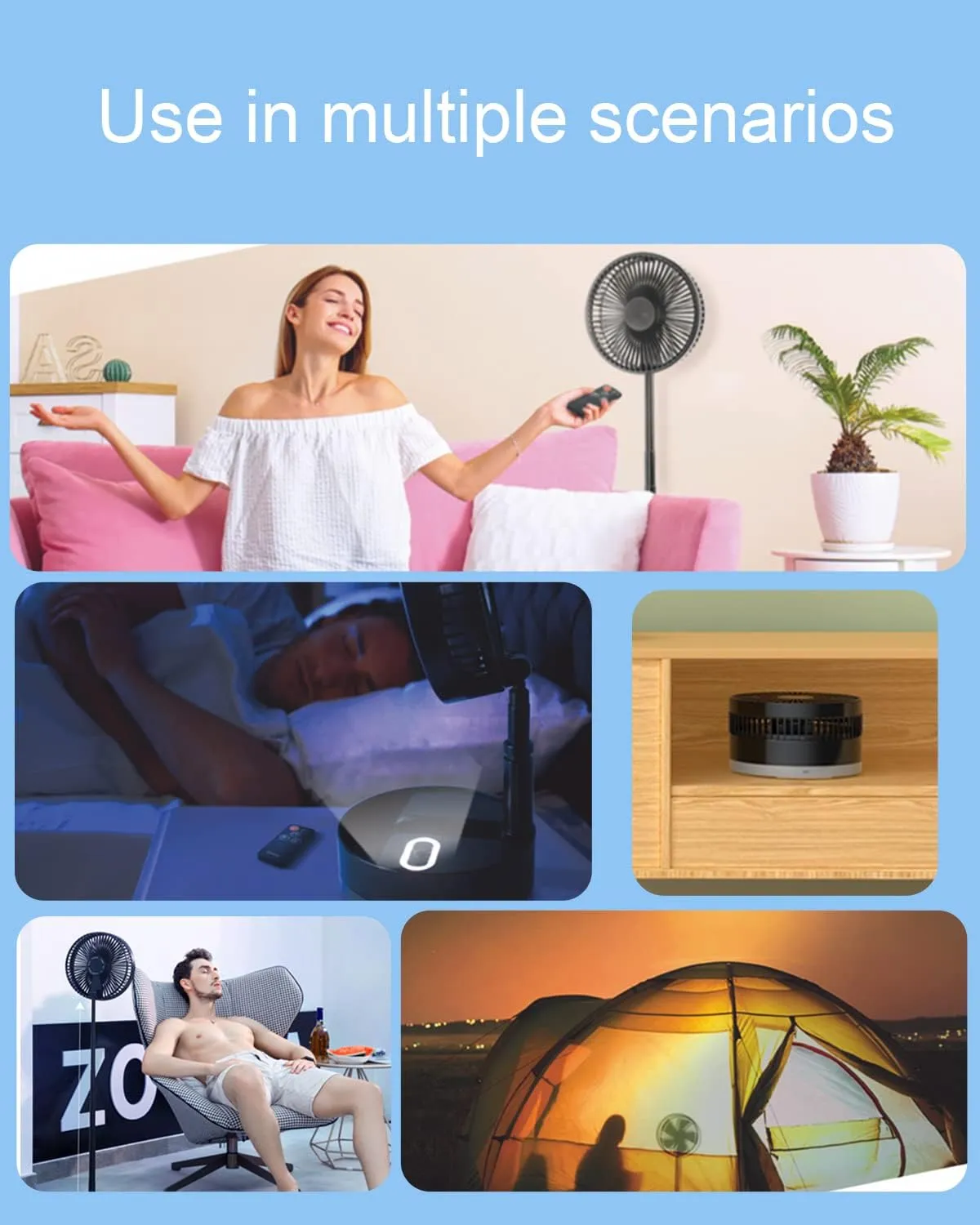 UN UNITEDTIME Foldable Fan Foldaway Oscillating with Remote Control, 10800mAh Battery Operated Fans, Portable for Outdoor, Courtyard, Beach,Travel, Room,4 Speeds, with Timer night light (Black)