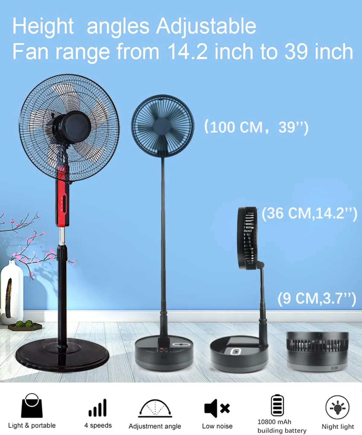 UN UNITEDTIME Foldable Fan Foldaway Oscillating with Remote Control, 10800mAh Battery Operated Fans, Portable for Outdoor, Courtyard, Beach,Travel, Room,4 Speeds, with Timer night light (Black)