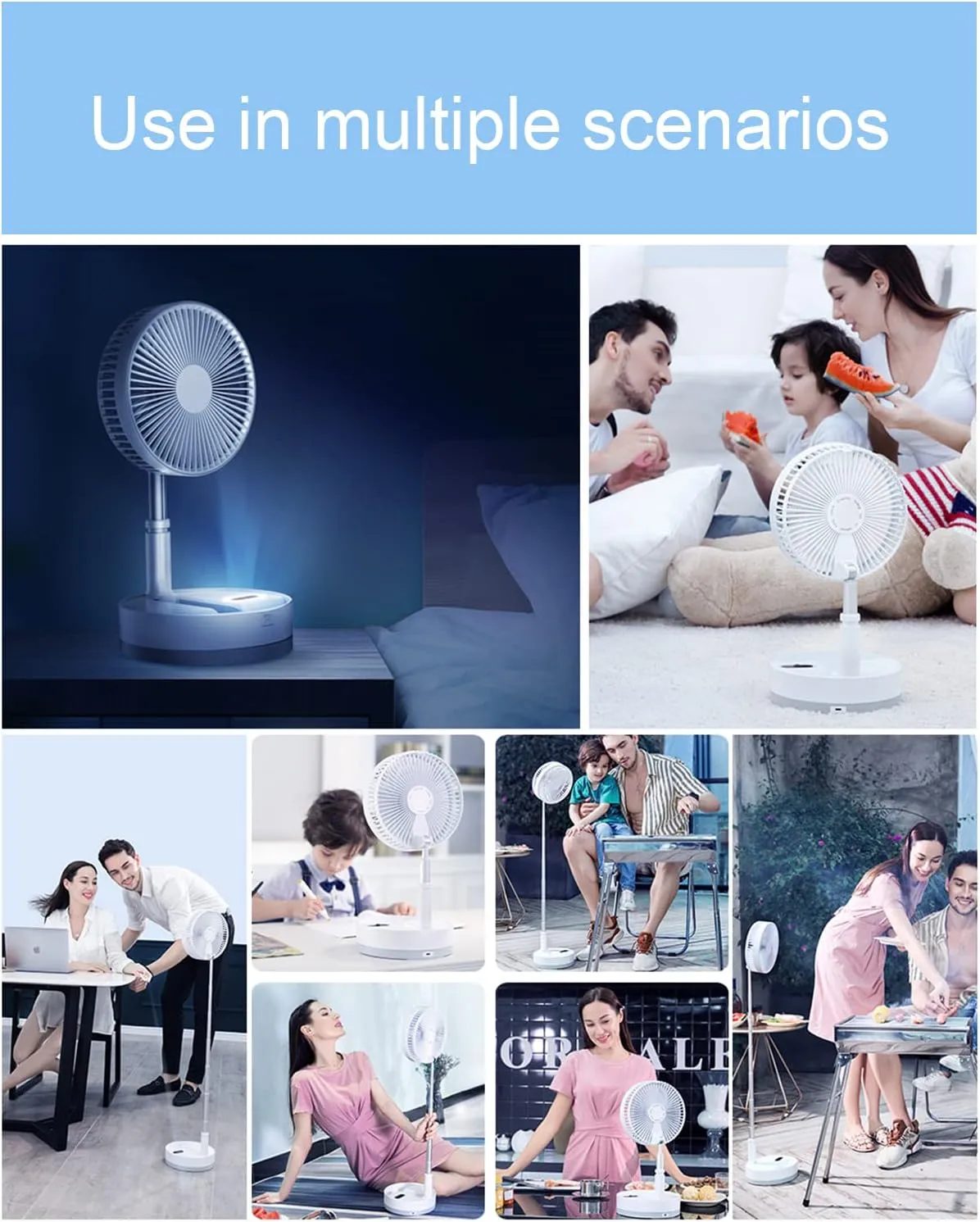 UN UNITEDTIME Foldable Fan Foldaway Oscillating with Remote Control, 10800mAh Rechargeable Battery Operated Portable for Camping, 4 Speed, Timer, Height Adjustment for Travel, Outdoor (White)