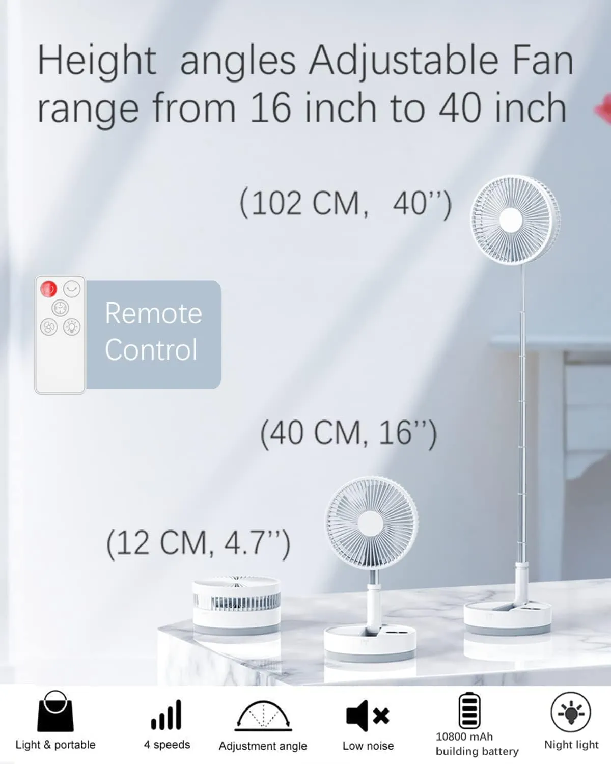 UN UNITEDTIME Foldable Fan Foldaway Oscillating with Remote Control, 10800mAh Rechargeable Battery Operated Portable for Camping, 4 Speed, Timer, Height Adjustment for Travel, Outdoor (White)