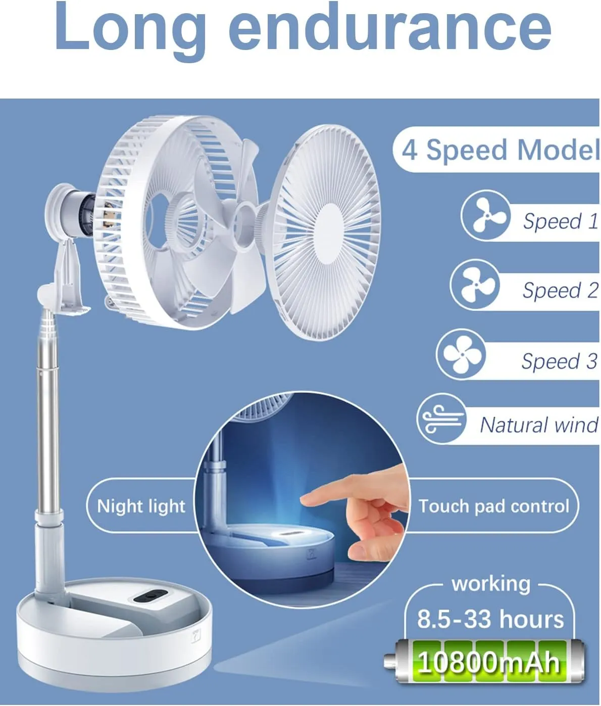 UN UNITEDTIME Foldable Fan Foldaway Oscillating with Remote Control, 10800mAh Rechargeable Battery Operated Portable for Camping, 4 Speed, Timer, Height Adjustment for Travel, Outdoor (White)