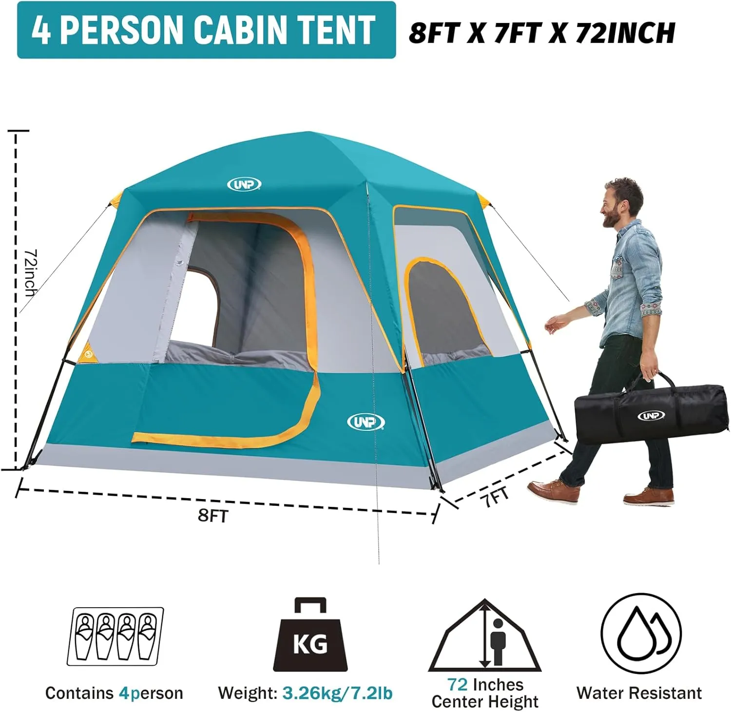 UNP 2/4/6/8 Person Tent, Portable Cabin Tent, Camping Tent 4-Person Easy Set Up, Waterproof with Top Rainfly for Outdoor Camping/Hiking