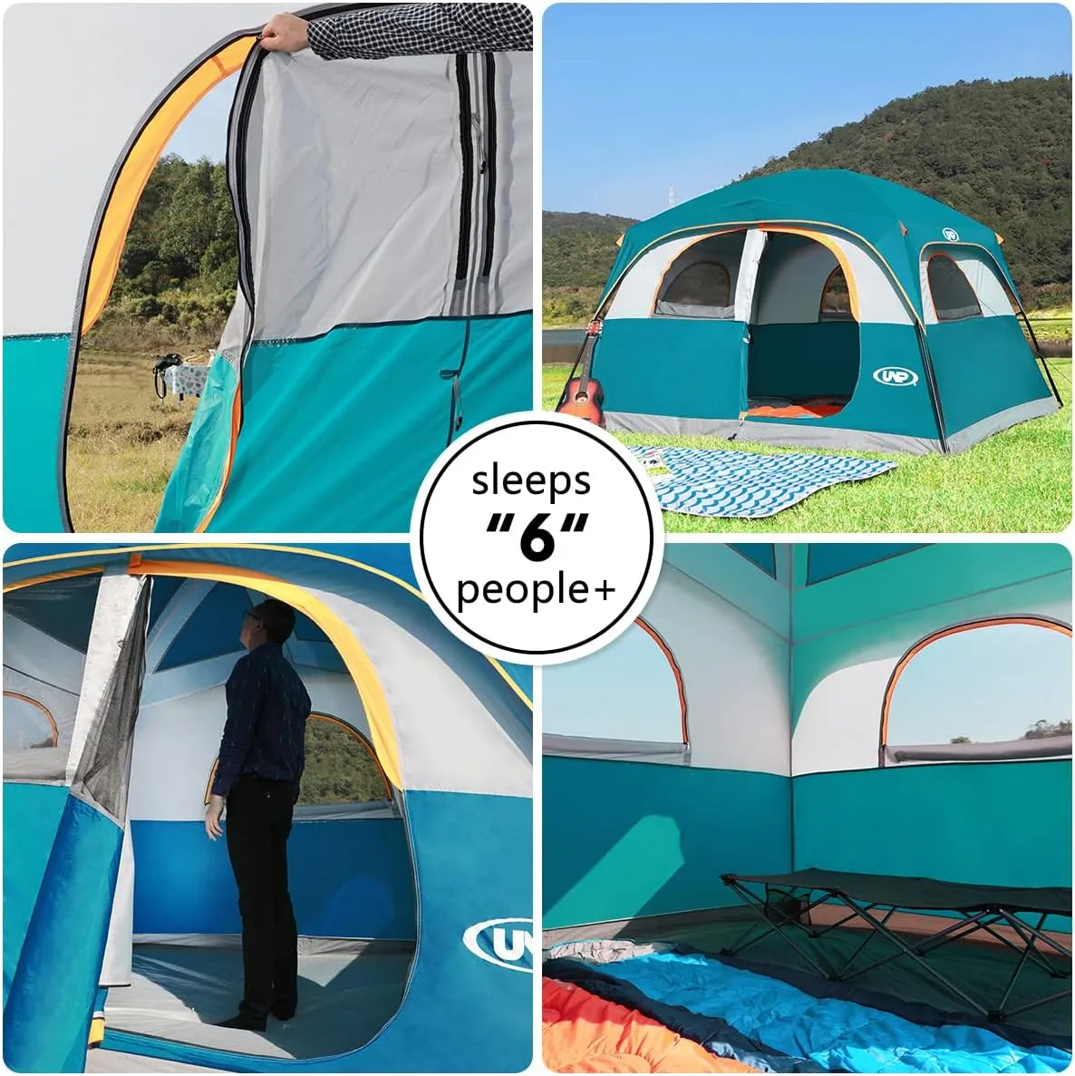 UNP Tents 6 Person Waterproof Windproof Easy Setup,Double Layer Family Camping Tent with 1 Mesh Door & 5 Large Mesh Windows -10'X9'X78in(H)
