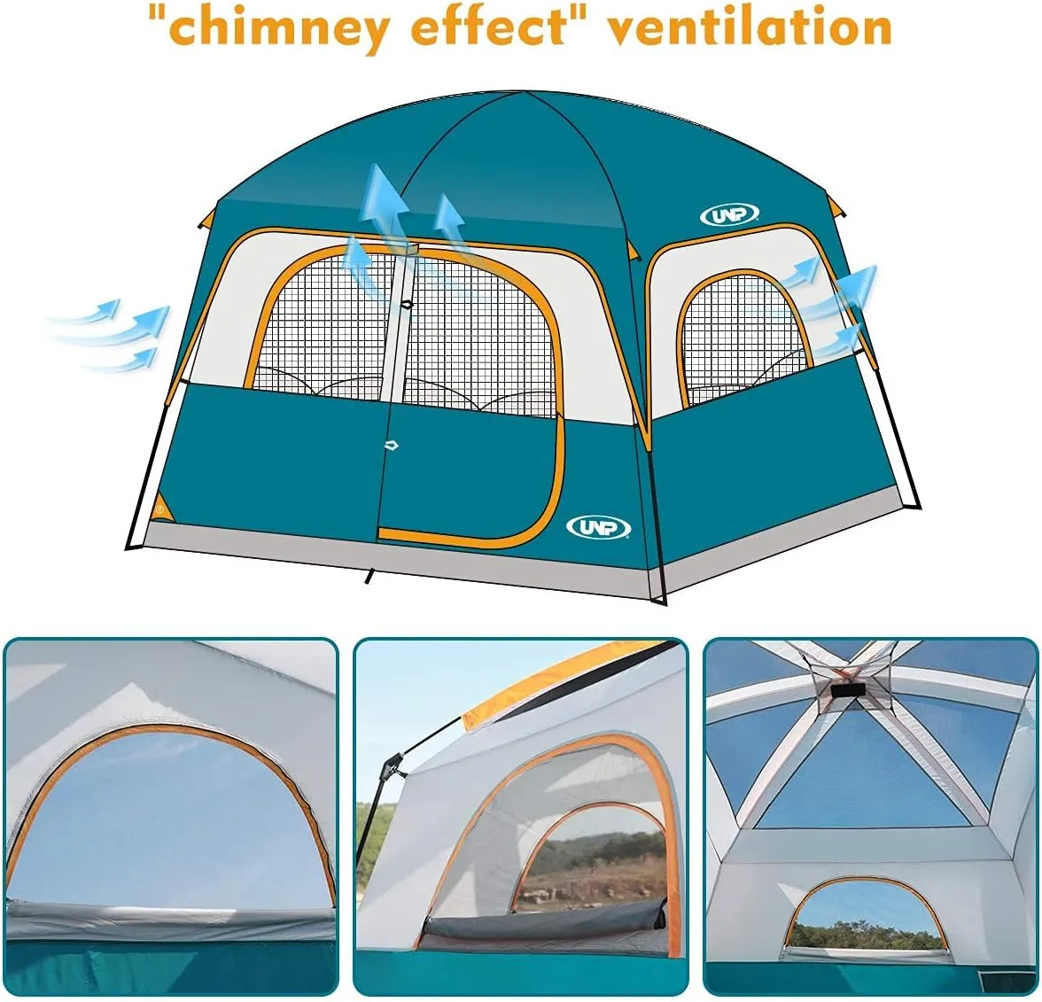 UNP Tents 6 Person Waterproof Windproof Easy Setup,Double Layer Family Camping Tent with 1 Mesh Door & 5 Large Mesh Windows -10'X9'X78in(H)