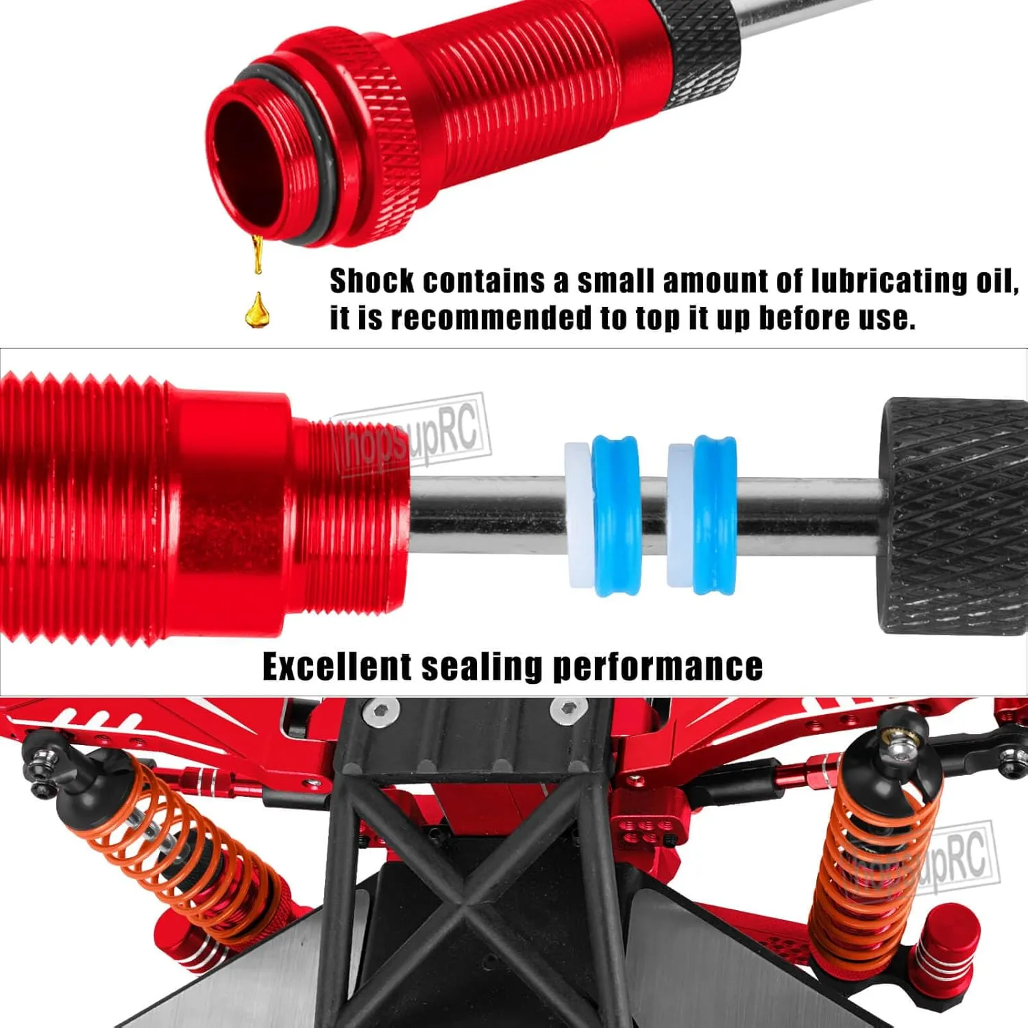 Upgrades Part Front Rear Assembled Full Metal Shocks Aluminum Big Bore RC Shocks Absorber Damper for 1/10 Slash/Rustler/Stampede/Bandit 4X4 4WD 2WD(VXL).Red(4PCS)