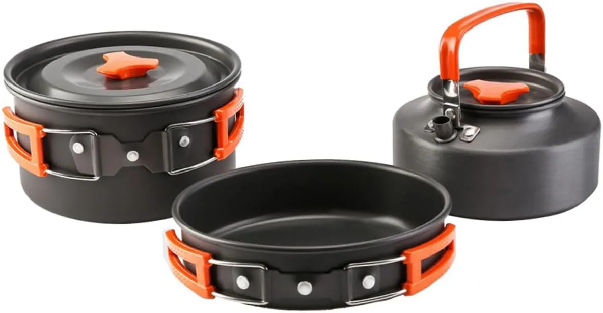 UPKOCH 3pc Aluminum Alloy Camping Cookware Set Outdoor Cooking Pot Kettle Perfect for 2-3 People's Trips
