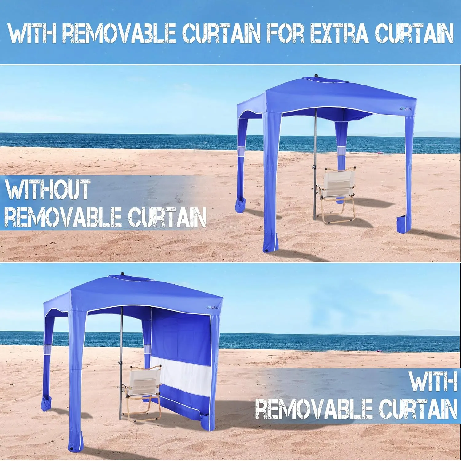 UPWELL Beach Tent Easy Set Up Canopy Sun Shelter Cool Cabana Shade with UPF 50 UV Protection Portable Beach Umbrella Outdoor Sunwall with Sand Pockets for Fishing Backyard Camping (Blue)