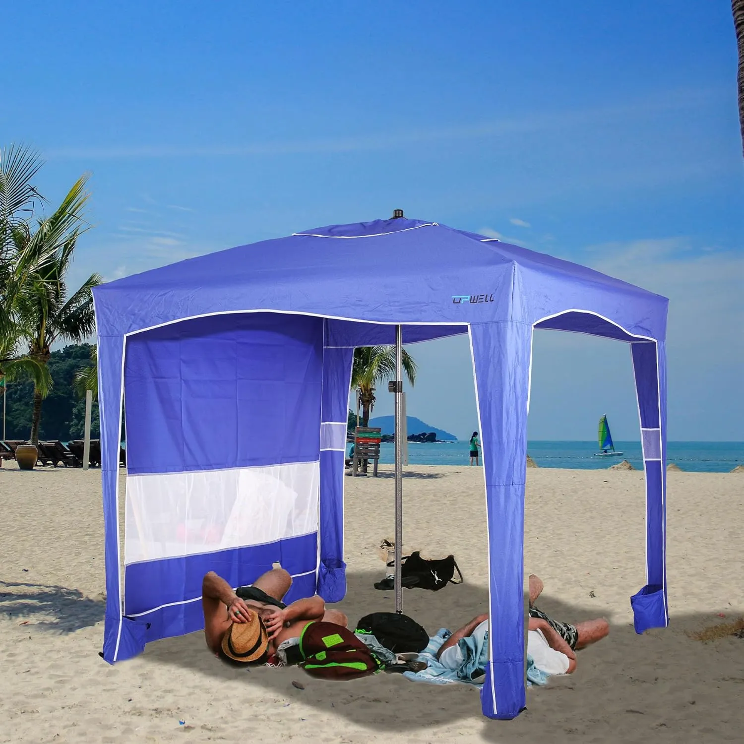 UPWELL Beach Tent Easy Set Up Canopy Sun Shelter Cool Cabana Shade with UPF 50 UV Protection Portable Beach Umbrella Outdoor Sunwall with Sand Pockets for Fishing Backyard Camping (Blue)