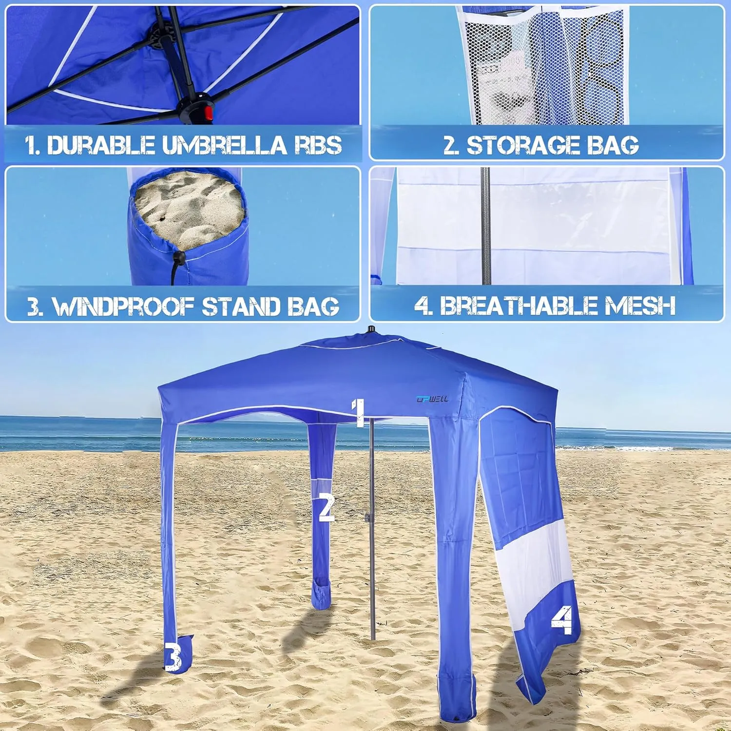 UPWELL Beach Tent Easy Set Up Canopy Sun Shelter Cool Cabana Shade with UPF 50 UV Protection Portable Beach Umbrella Outdoor Sunwall with Sand Pockets for Fishing Backyard Camping (Blue)