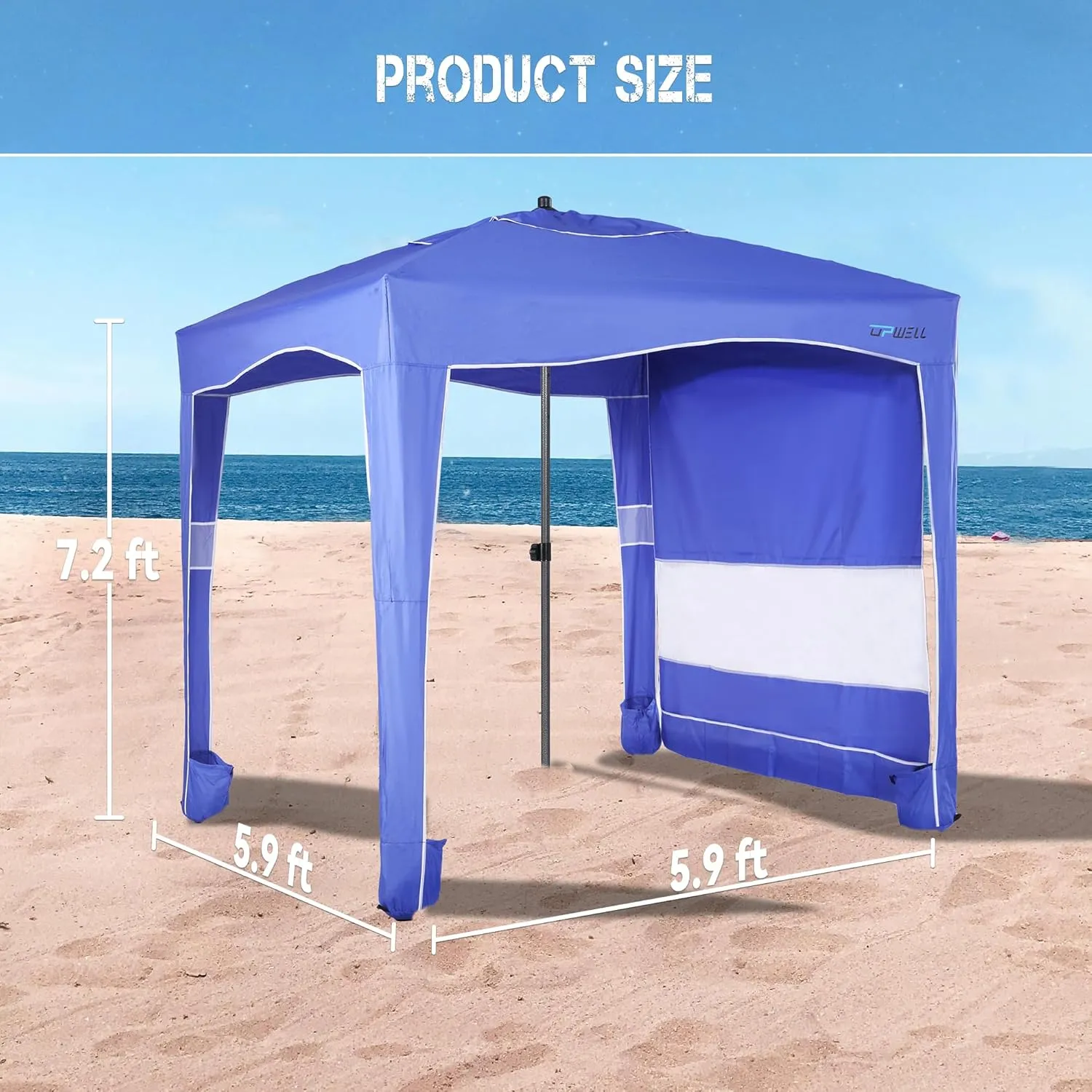 UPWELL Beach Tent Easy Set Up Canopy Sun Shelter Cool Cabana Shade with UPF 50 UV Protection Portable Beach Umbrella Outdoor Sunwall with Sand Pockets for Fishing Backyard Camping (Blue)