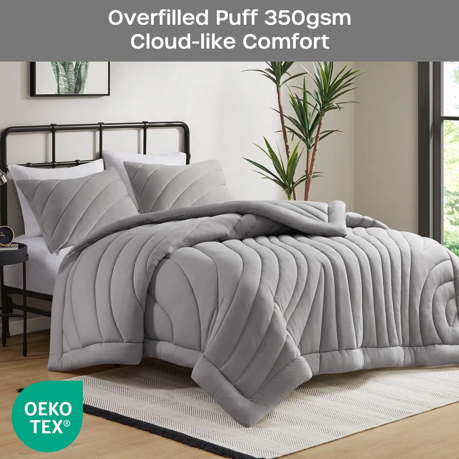 Urban Habitat King Comforter Set 350gsm Overfilled Puffy Quilting Jersey Comforters King Size, Modern All Season Lightweight Bedding Set King, Matching Shams, Juniper, King/Cal King, Gray 3 Piece