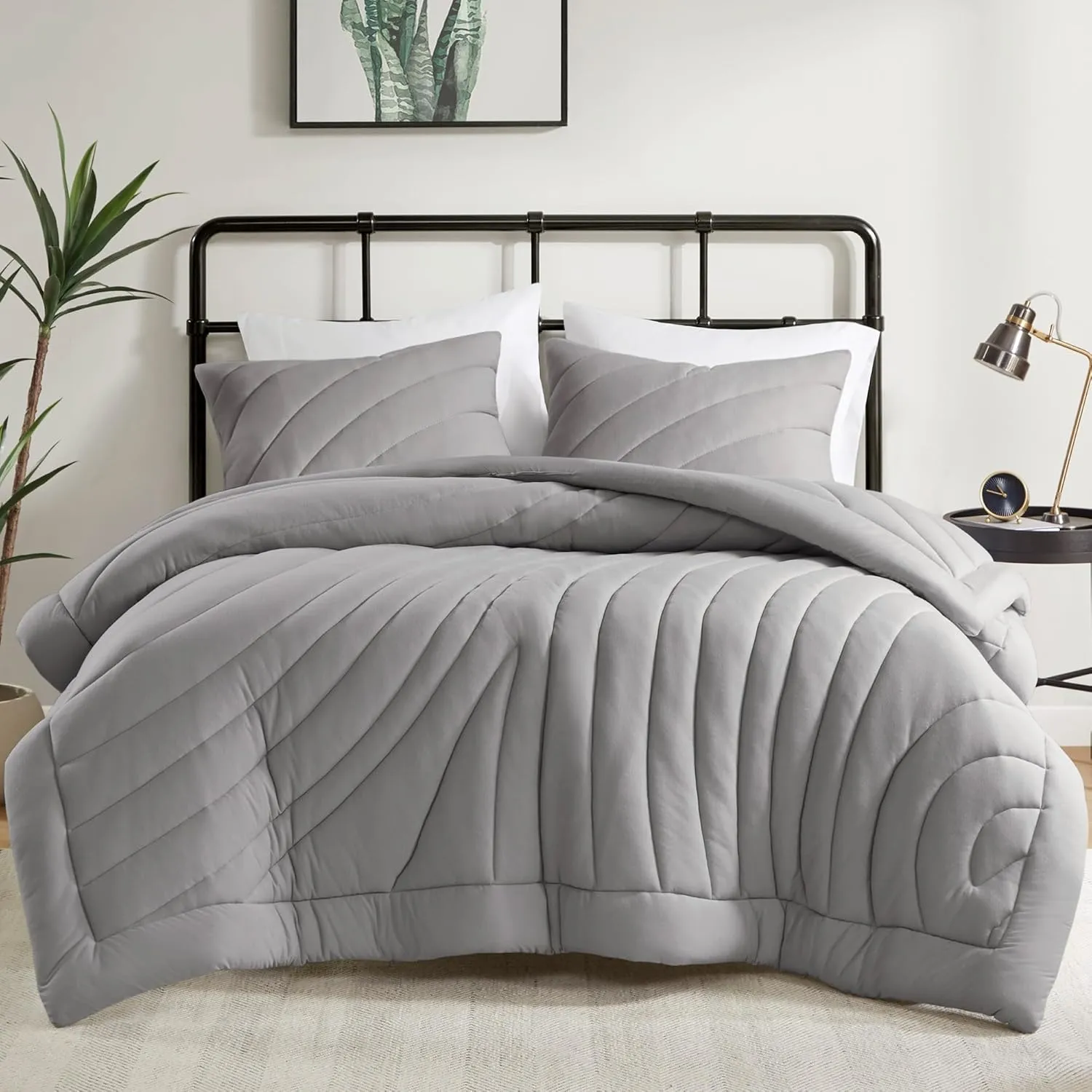 Urban Habitat King Comforter Set 350gsm Overfilled Puffy Quilting Jersey Comforters King Size, Modern All Season Lightweight Bedding Set King, Matching Shams, Juniper, King/Cal King, Gray 3 Piece