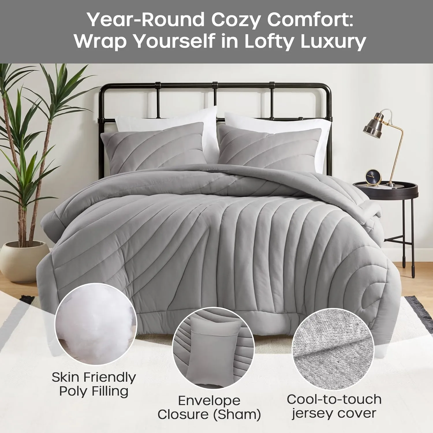 Urban Habitat King Comforter Set 350gsm Overfilled Puffy Quilting Jersey Comforters King Size, Modern All Season Lightweight Bedding Set King, Matching Shams, Juniper, King/Cal King, Gray 3 Piece
