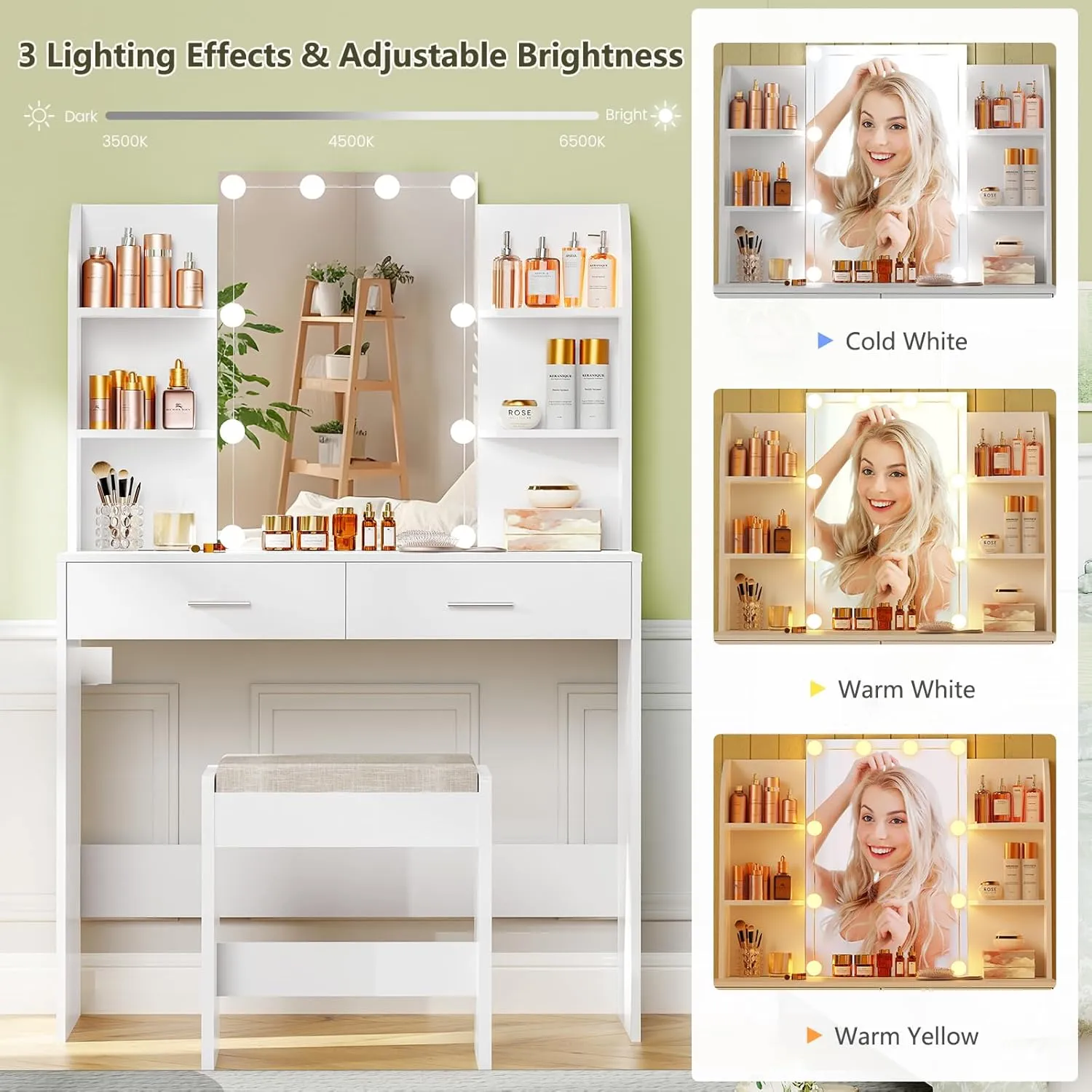 usikey Vanity Desk with Mirror & Lights, Makeup Vanity Table with 2 Large Drawers, 6 Storage Shelves & Stool, Bedroom Dressing Vanity Table with 3 Color Light Adjustable, White