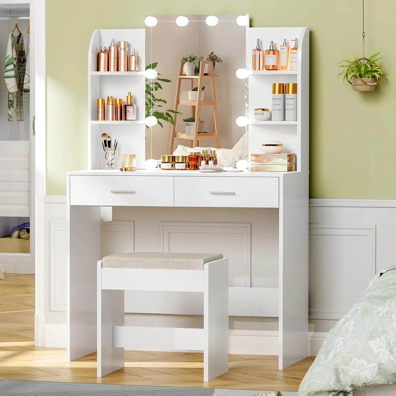 usikey Vanity Desk with Mirror & Lights, Makeup Vanity Table with 2 Large Drawers, 6 Storage Shelves & Stool, Bedroom Dressing Vanity Table with 3 Color Light Adjustable, White
