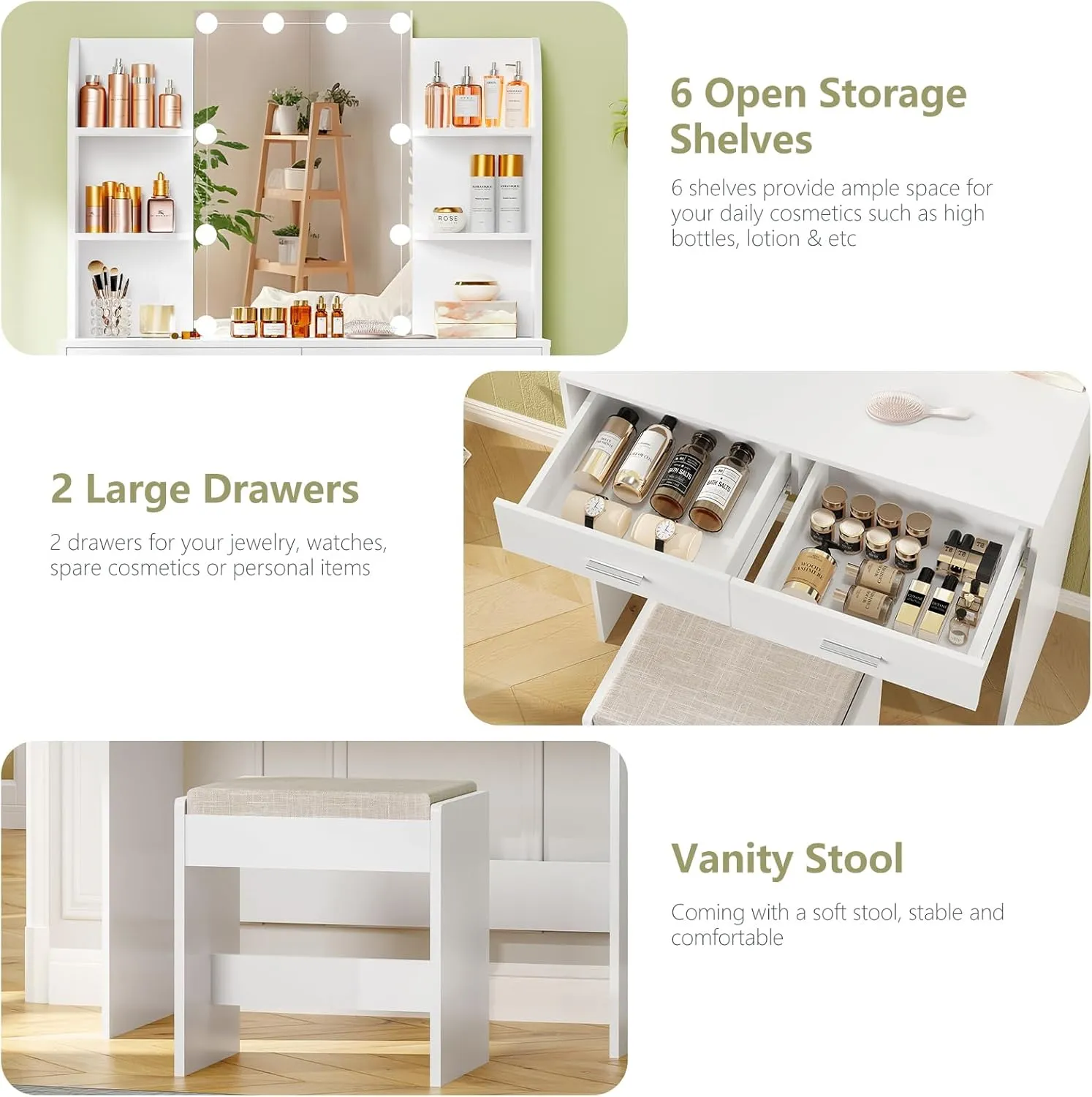 usikey Vanity Desk with Mirror & Lights, Makeup Vanity Table with 2 Large Drawers, 6 Storage Shelves & Stool, Bedroom Dressing Vanity Table with 3 Color Light Adjustable, White