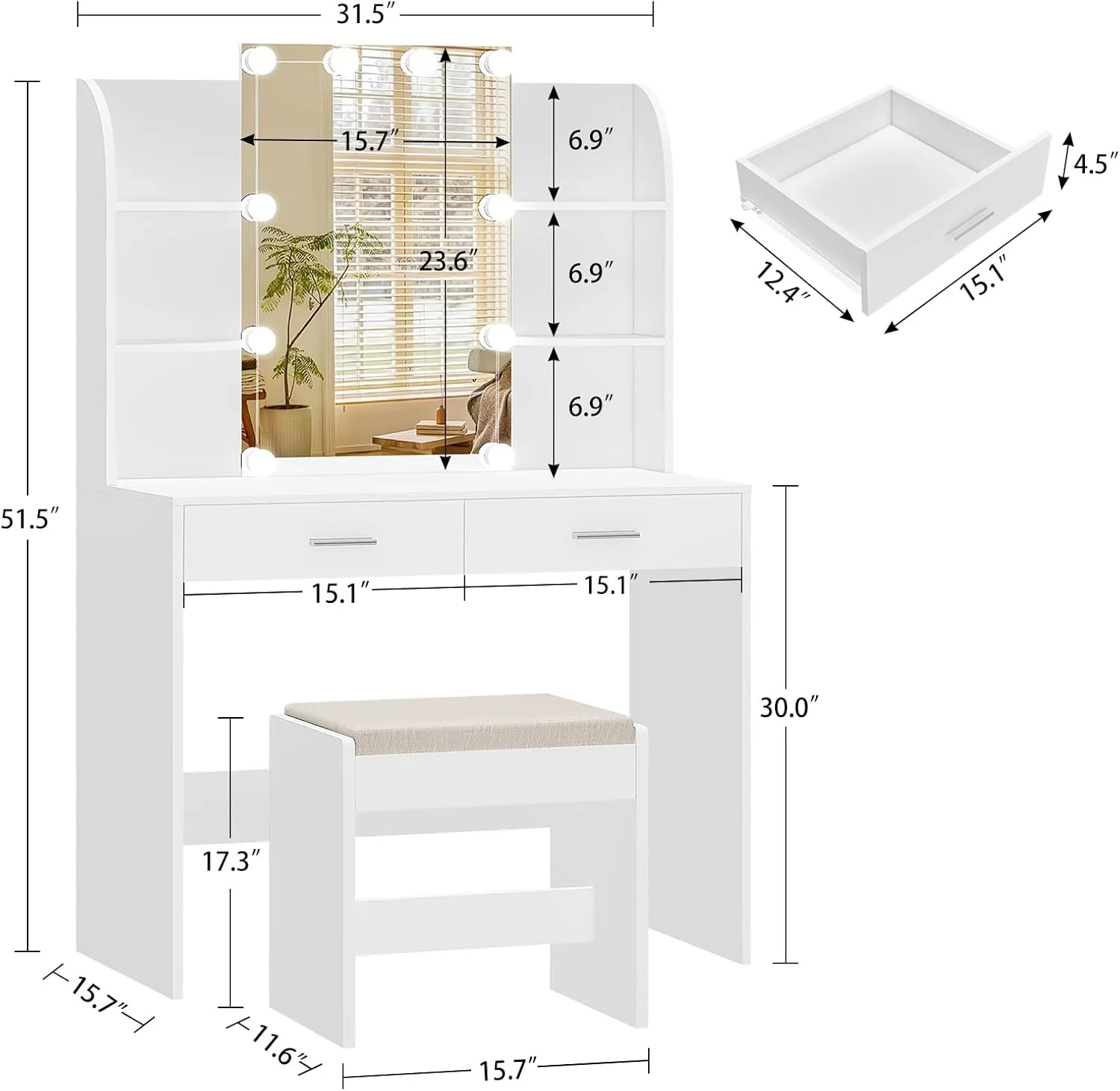 usikey Vanity Desk with Mirror & Lights, Makeup Vanity Table with 2 Large Drawers, 6 Storage Shelves & Stool, Bedroom Dressing Vanity Table with 3 Color Light Adjustable, White
