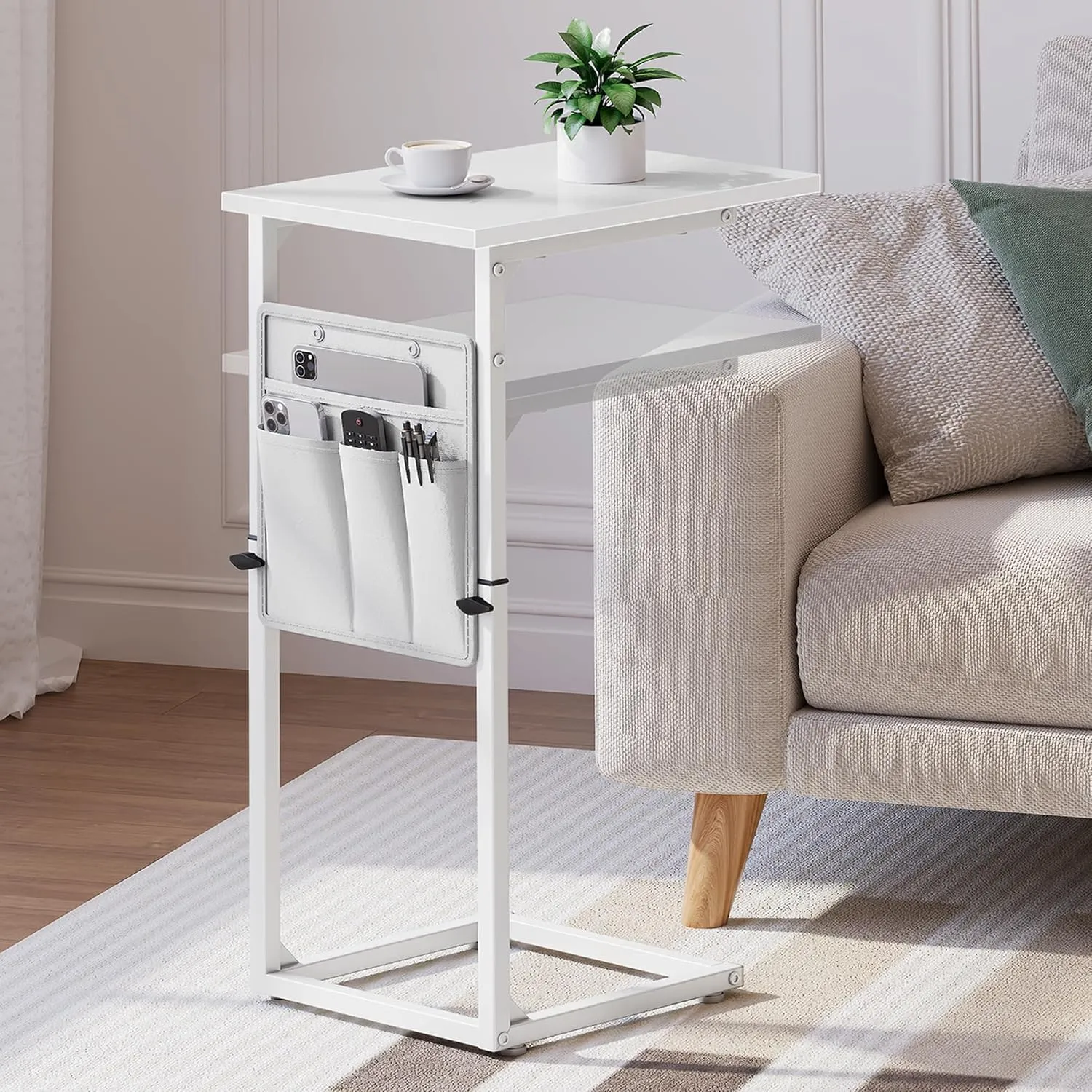 Vagusicc C Shaped End Table, 33" Tall Side Table for Couch, Adjustable Height Recliner Table Small Couch Side Tables, Sofa Tables Slide Under Sofa TV Tray Arm C Table for Living Room, Bedroom, White