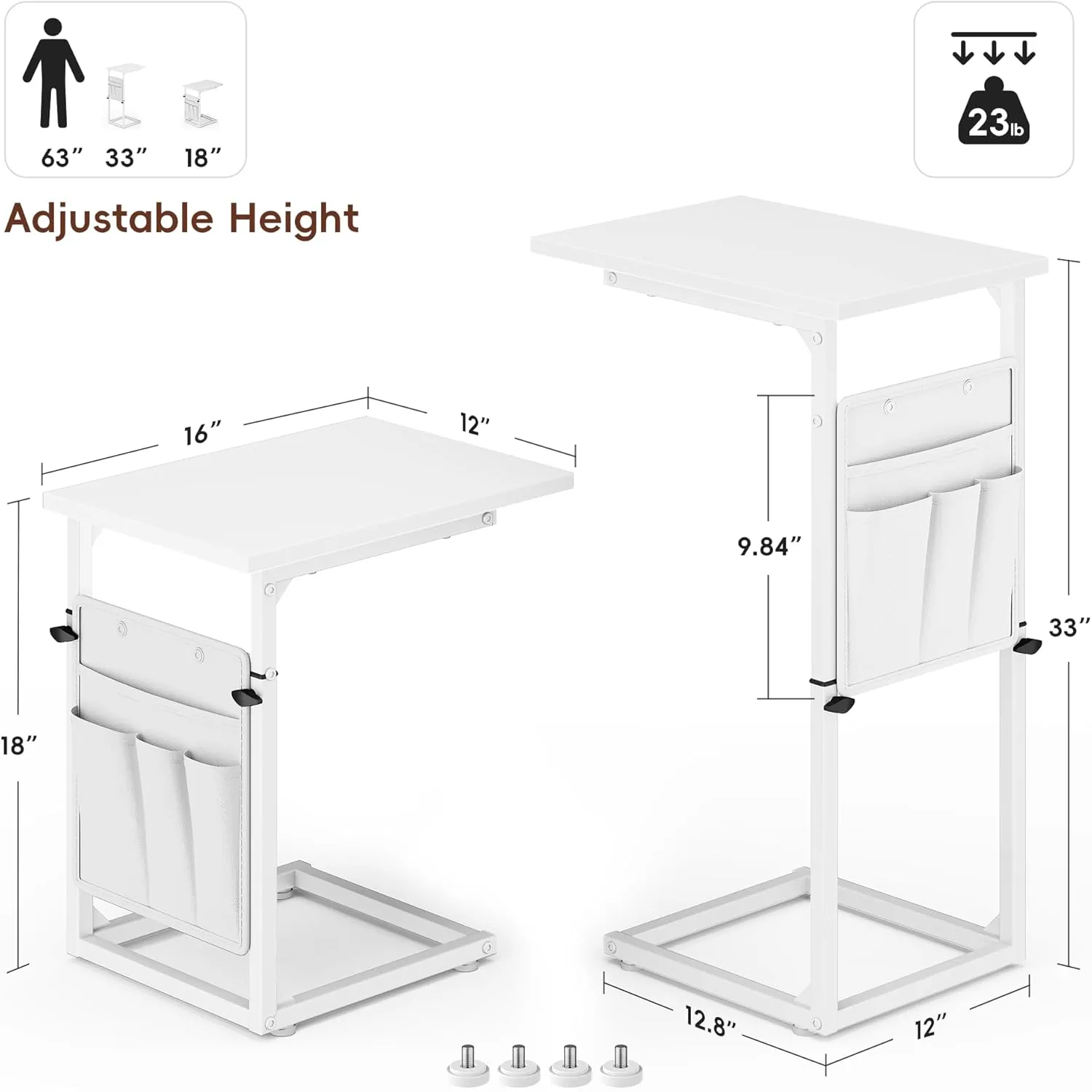 Vagusicc C Shaped End Table, 33" Tall Side Table for Couch, Adjustable Height Recliner Table Small Couch Side Tables, Sofa Tables Slide Under Sofa TV Tray Arm C Table for Living Room, Bedroom, White
