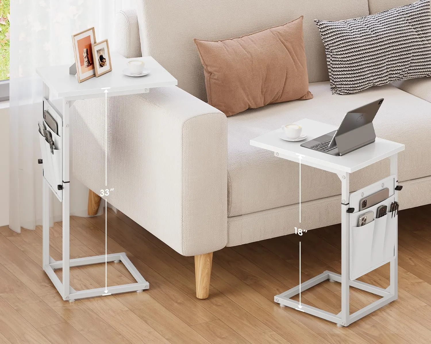 Vagusicc C Shaped End Table, 33" Tall Side Table for Couch, Adjustable Height Recliner Table Small Couch Side Tables, Sofa Tables Slide Under Sofa TV Tray Arm C Table for Living Room, Bedroom, White