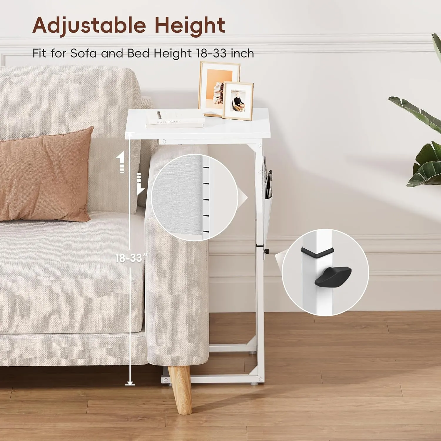 Vagusicc C Shaped End Table, 33" Tall Side Table for Couch, Adjustable Height Recliner Table Small Couch Side Tables, Sofa Tables Slide Under Sofa TV Tray Arm C Table for Living Room, Bedroom, White
