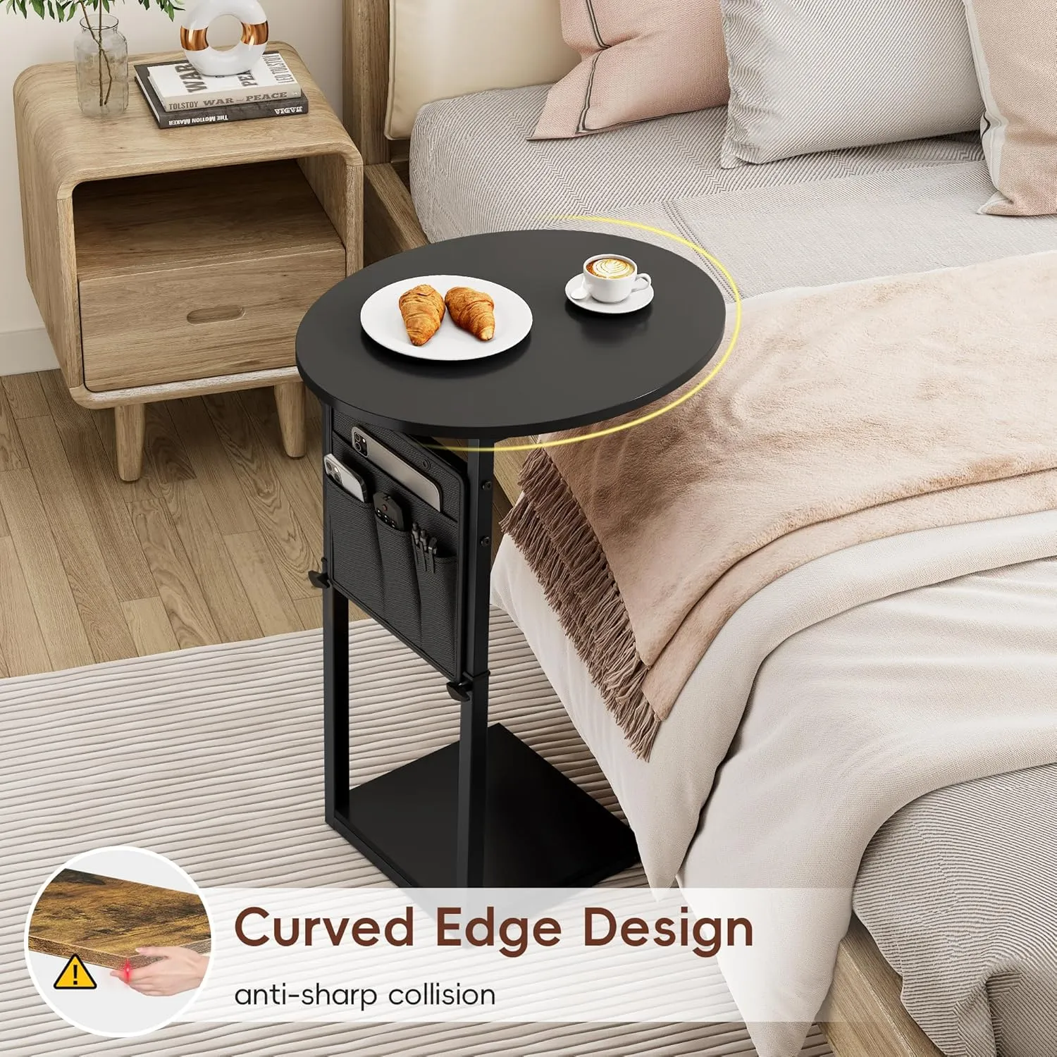 Vagusicc C Shaped End Table, Adjustable Height Small Side Table for Couch and Recliner, 32" Tall Couch Side Table Slide Under Sofa Tray Desk with Storage Bag for Living Room and Bedroom, Black