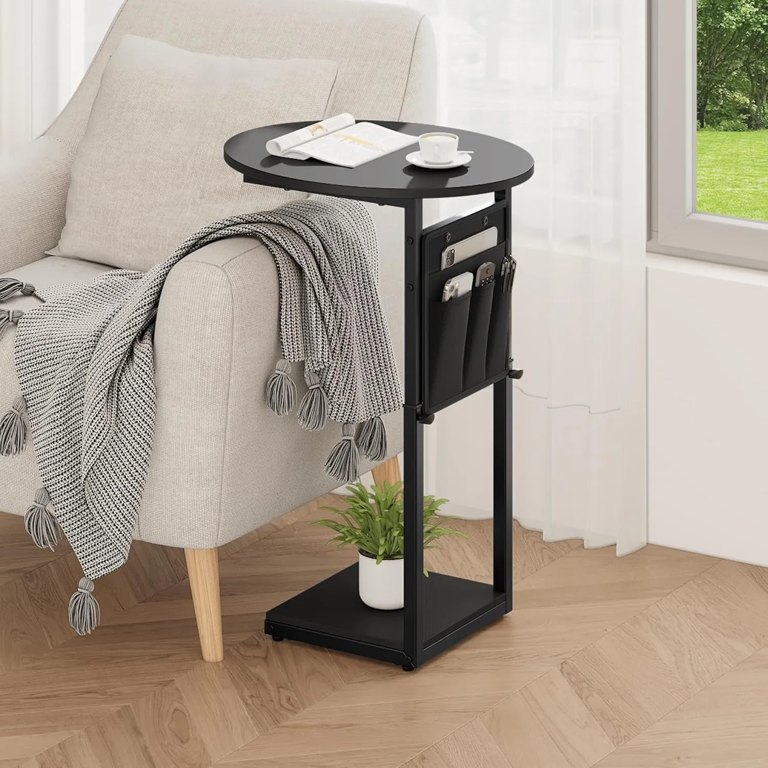 Vagusicc C Shaped End Table, Adjustable Height Small Side Table for Couch and Recliner, 32" Tall Couch Side Table Slide Under Sofa Tray Desk with Storage Bag for Living Room and Bedroom, Black