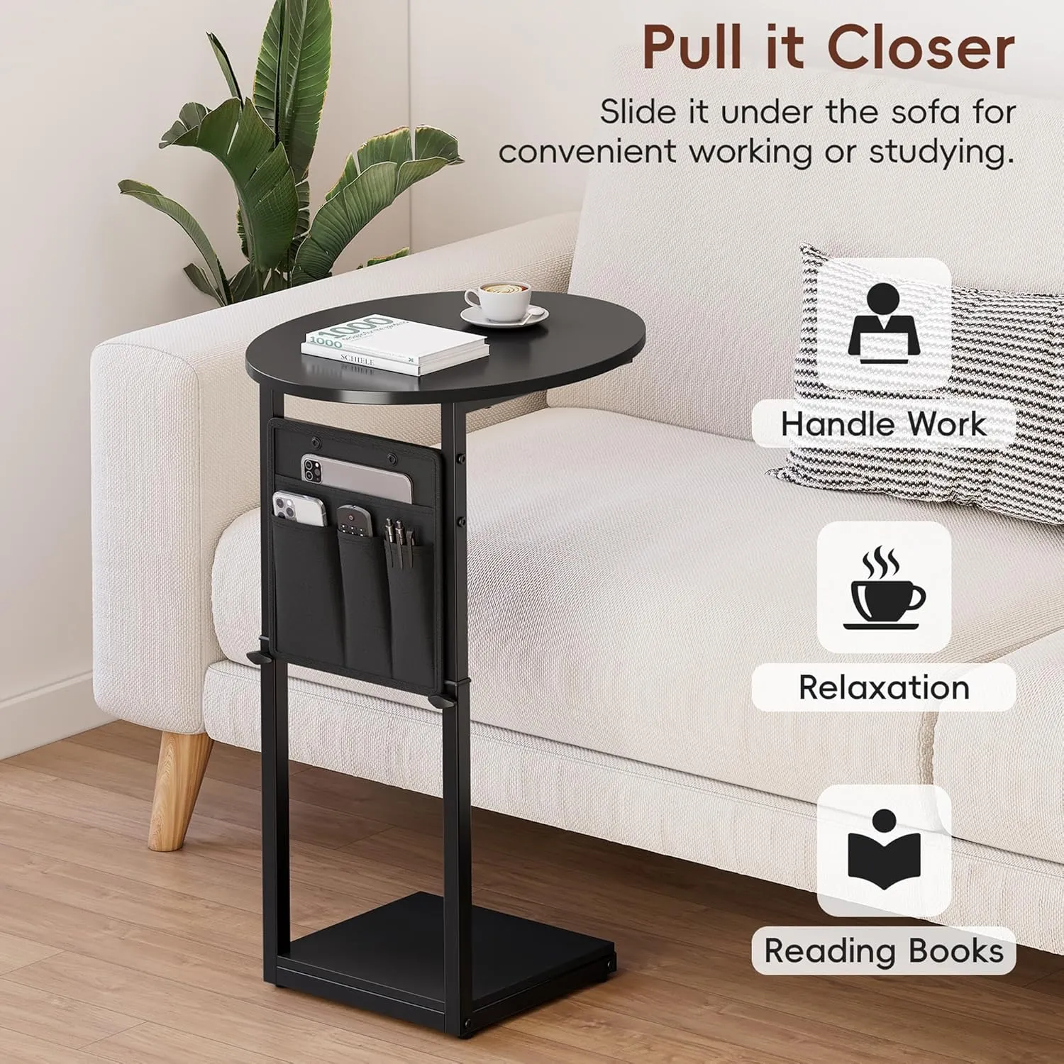Vagusicc C Shaped End Table, Adjustable Height Small Side Table for Couch and Recliner, 32" Tall Couch Side Table Slide Under Sofa Tray Desk with Storage Bag for Living Room and Bedroom, Black