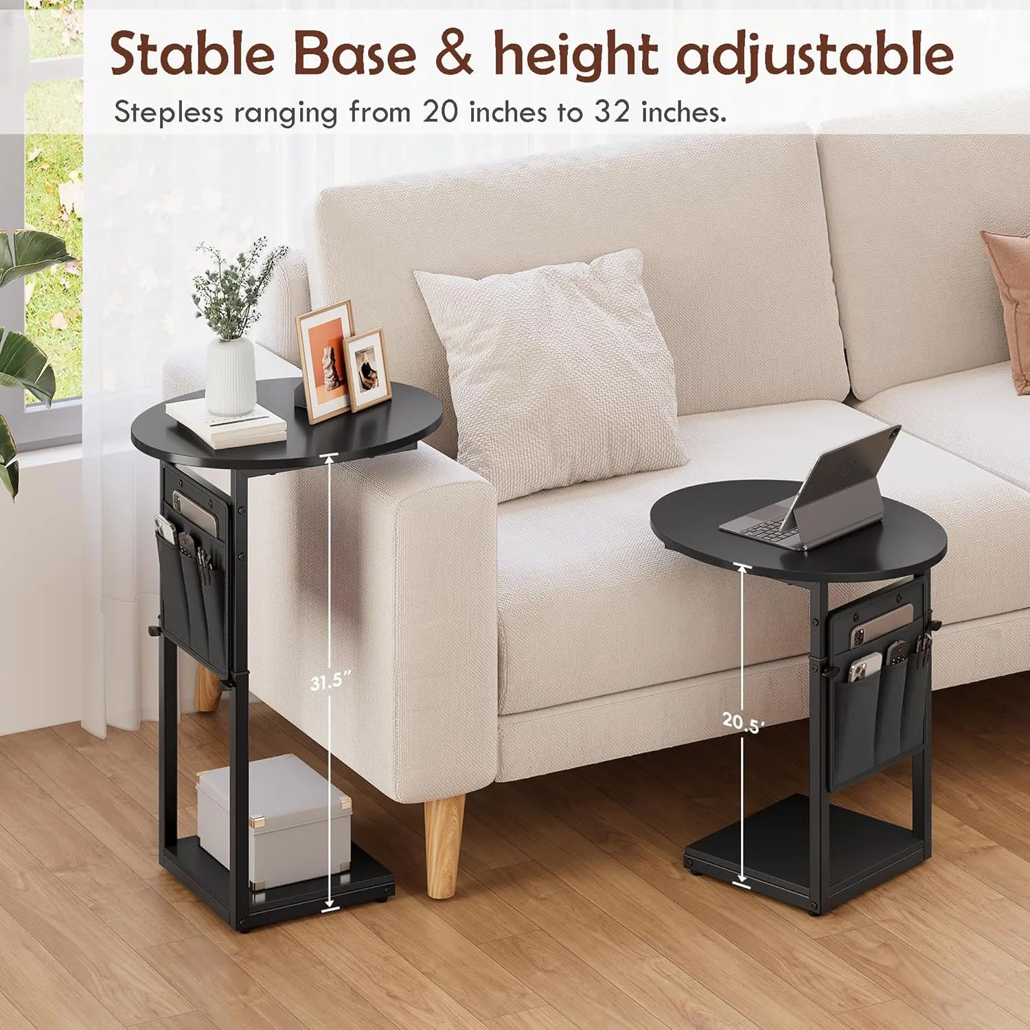 Vagusicc C Shaped End Table, Adjustable Height Small Side Table for Couch and Recliner, 32" Tall Couch Side Table Slide Under Sofa Tray Desk with Storage Bag for Living Room and Bedroom, Black