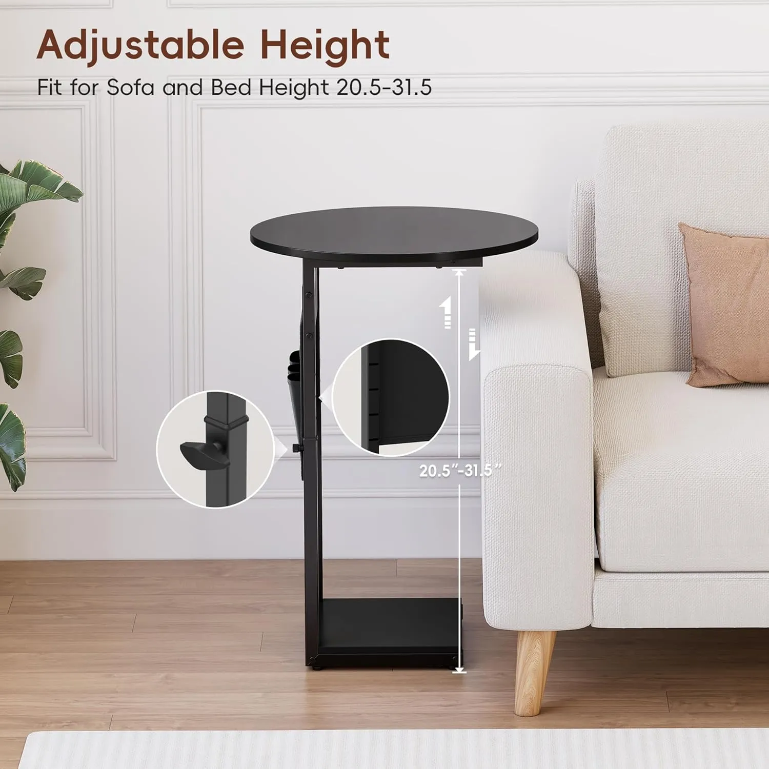 Vagusicc C Shaped End Table, Adjustable Height Small Side Table for Couch and Recliner, 32" Tall Couch Side Table Slide Under Sofa Tray Desk with Storage Bag for Living Room and Bedroom, Black