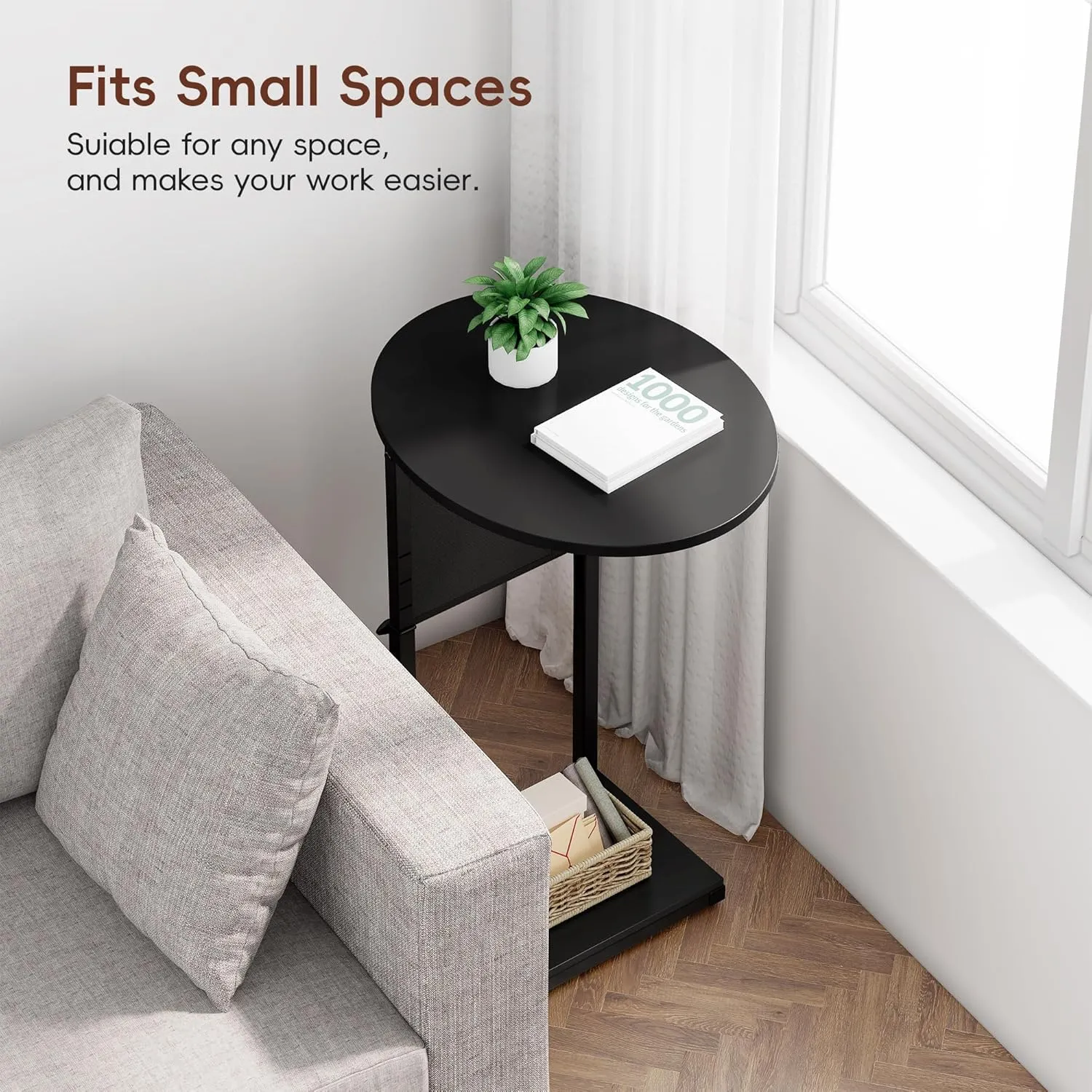 Vagusicc C Shaped End Table, Adjustable Height Small Side Table for Couch and Recliner, 32" Tall Couch Side Table Slide Under Sofa Tray Desk with Storage Bag for Living Room and Bedroom, Black