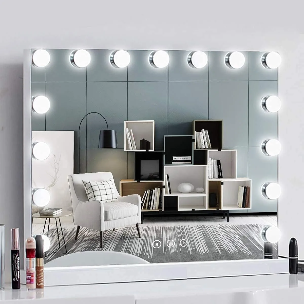 Vanity Mirror with Lights, Lighted Mirror with 15 Dimmable LED Bulbs for Dressing Room & Bedroom,Smart Touch Control 3 Modes Makeup Mirror with USB Port,Metal Frame HD Mirror Silver(23in)