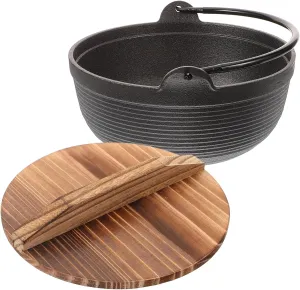 VANZACK Japanese Style Iron Soup Pot Camping Cooking Pot with Wooden Lid Non Stick Durable Cast Iron Lightweight Portable for Outdoor Use Ergonomic Handle Temperature