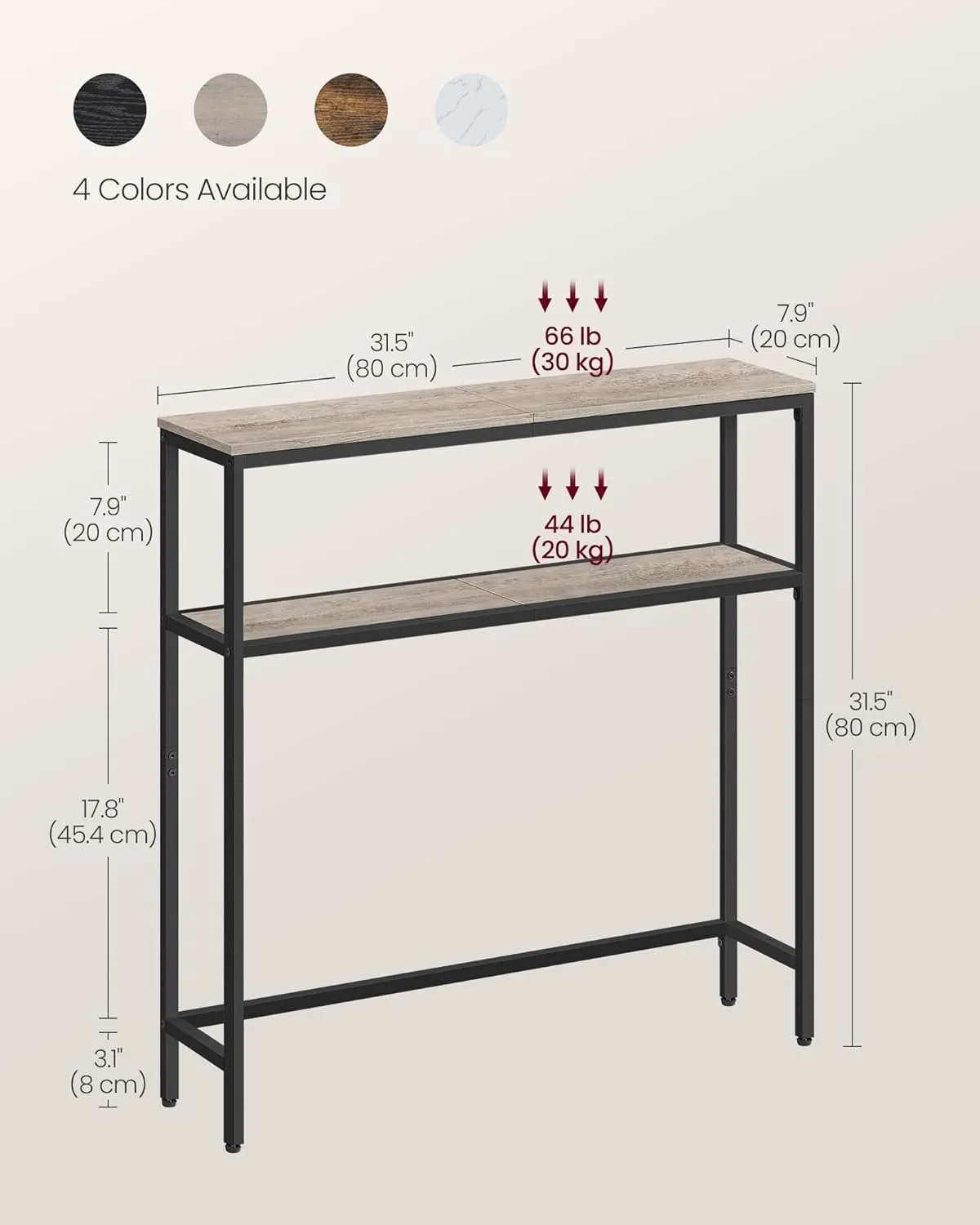 VASAGLE Console Table, 2-Tier Sofa Table, 7.9 x 31.5 x 31.5 Inches, Narrow Entryway Table, Modern Entry Table with 2 Shelves, for Living Room, Bedroom, Heather Greige and Ink Black ULNT130K02