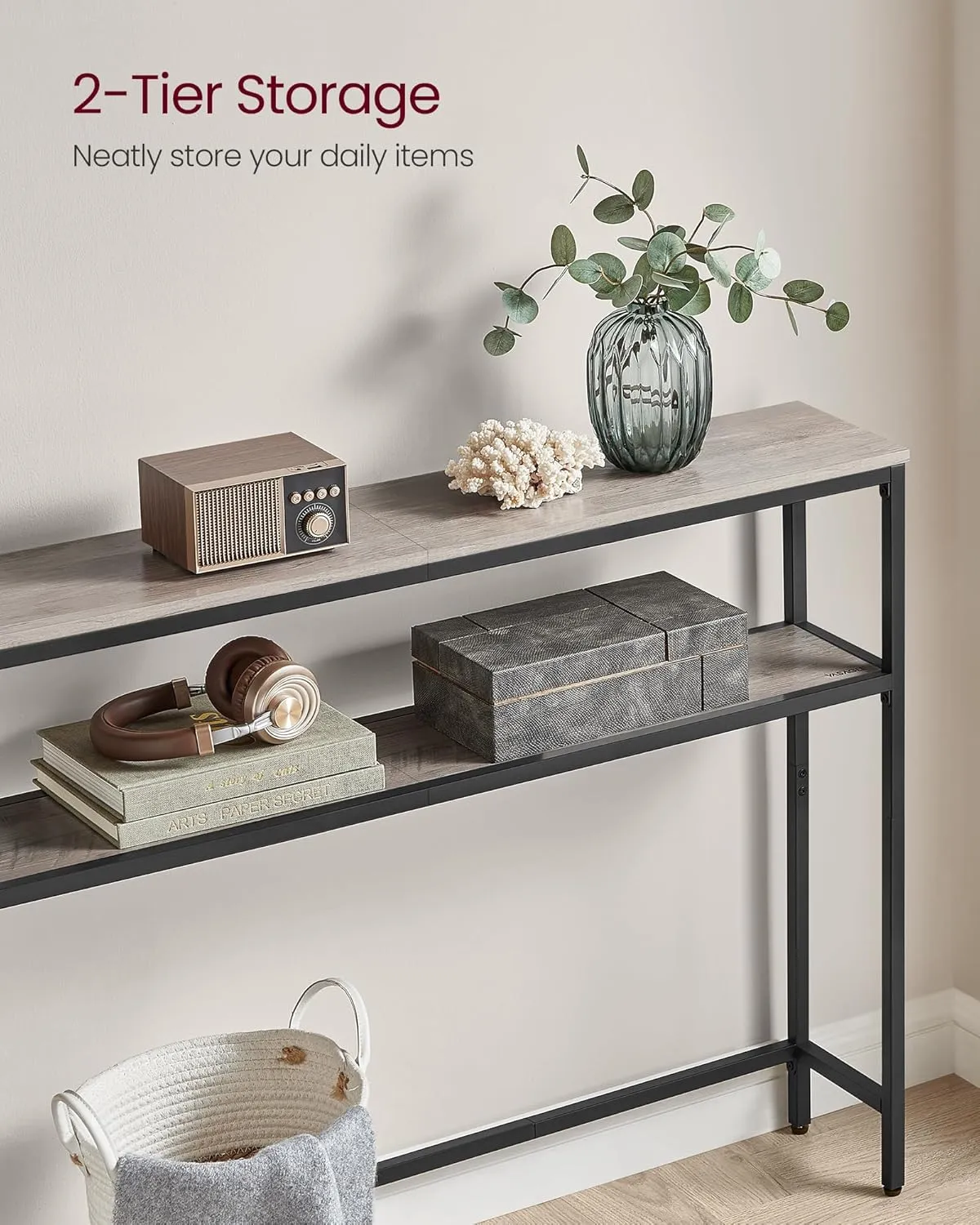 VASAGLE Console Table, 2-Tier Sofa Table, 7.9 x 31.5 x 31.5 Inches, Narrow Entryway Table, Modern Entry Table with 2 Shelves, for Living Room, Bedroom, Heather Greige and Ink Black ULNT130K02
