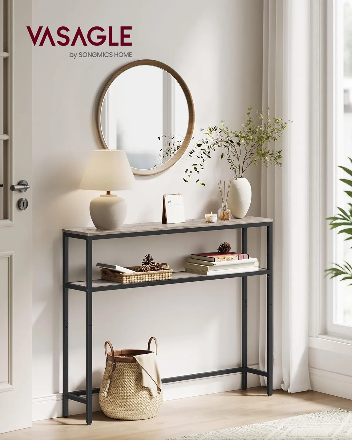 VASAGLE Console Table, 2-Tier Sofa Table, 7.9 x 31.5 x 31.5 Inches, Narrow Entryway Table, Modern Entry Table with 2 Shelves, for Living Room, Bedroom, Heather Greige and Ink Black ULNT130K02