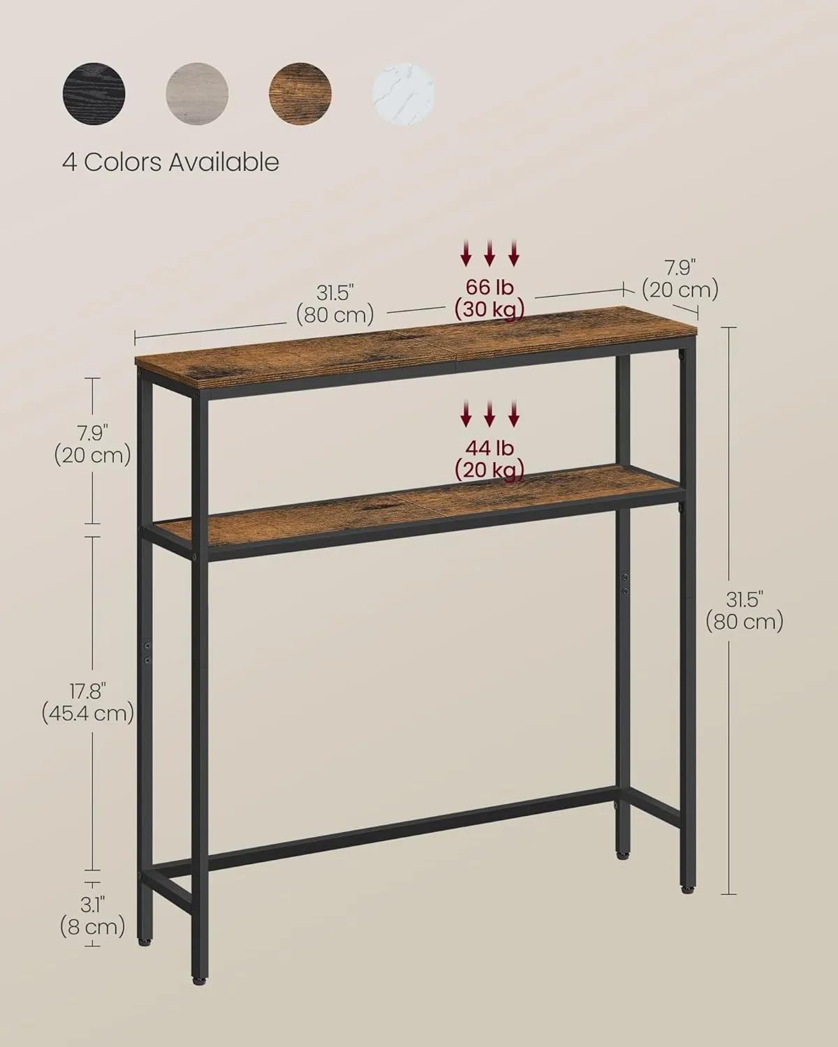 VASAGLE Console Table, 2-Tier Sofa Tables, 7.9 x 31.5 x 31.5 Inches, Narrow Entryway Table, Modern Entry Tables with 2 Shelves, for Living Room, Bedroom, Rustic Brown and Ink Black ULNT130K01